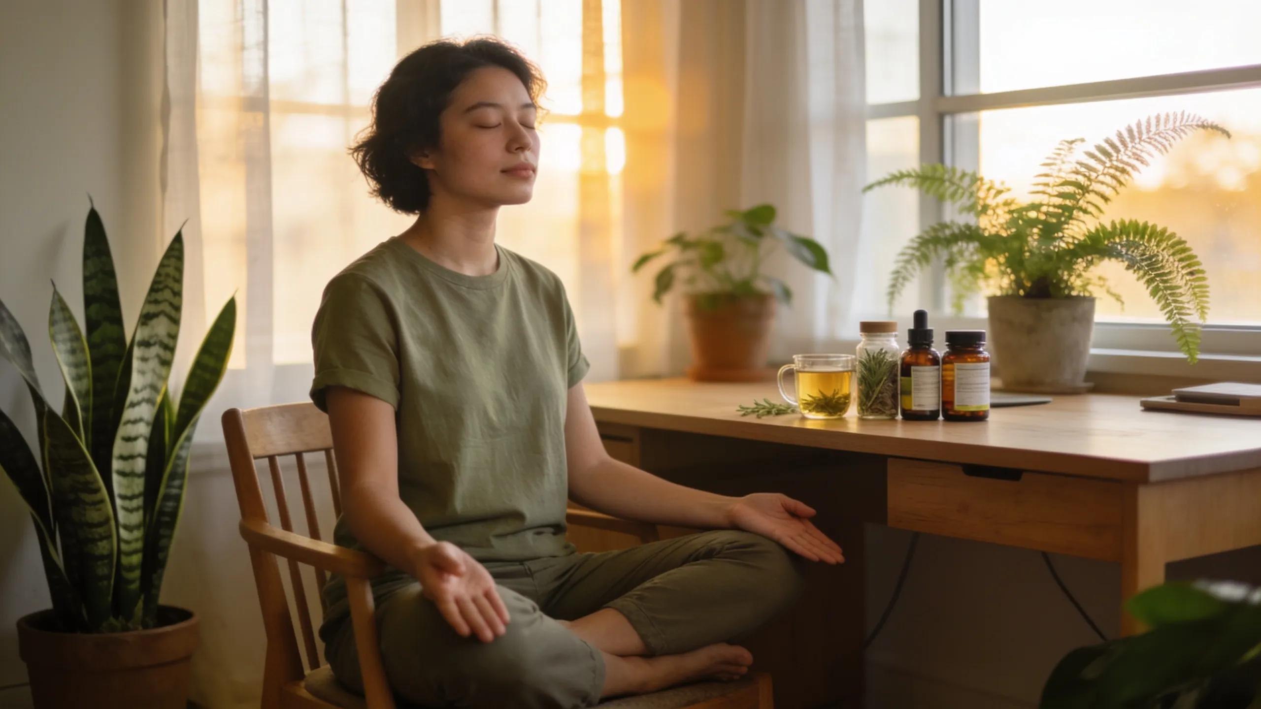 Lifestyle shot of a serene workspace illustrating energy management with natural supplements and meditation