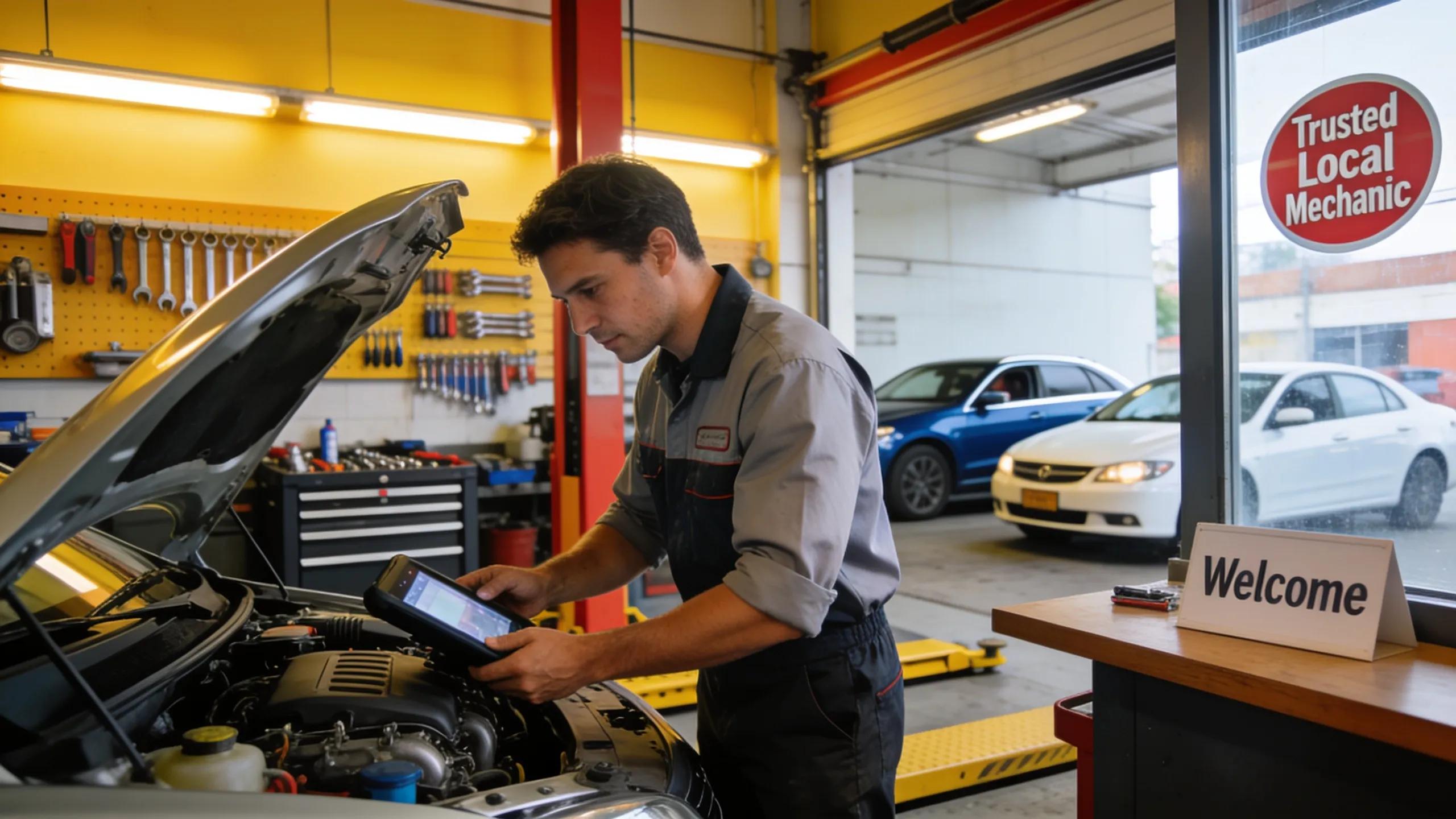 Local auto repair shop with mechanic working on car, highlighting trustworthy services