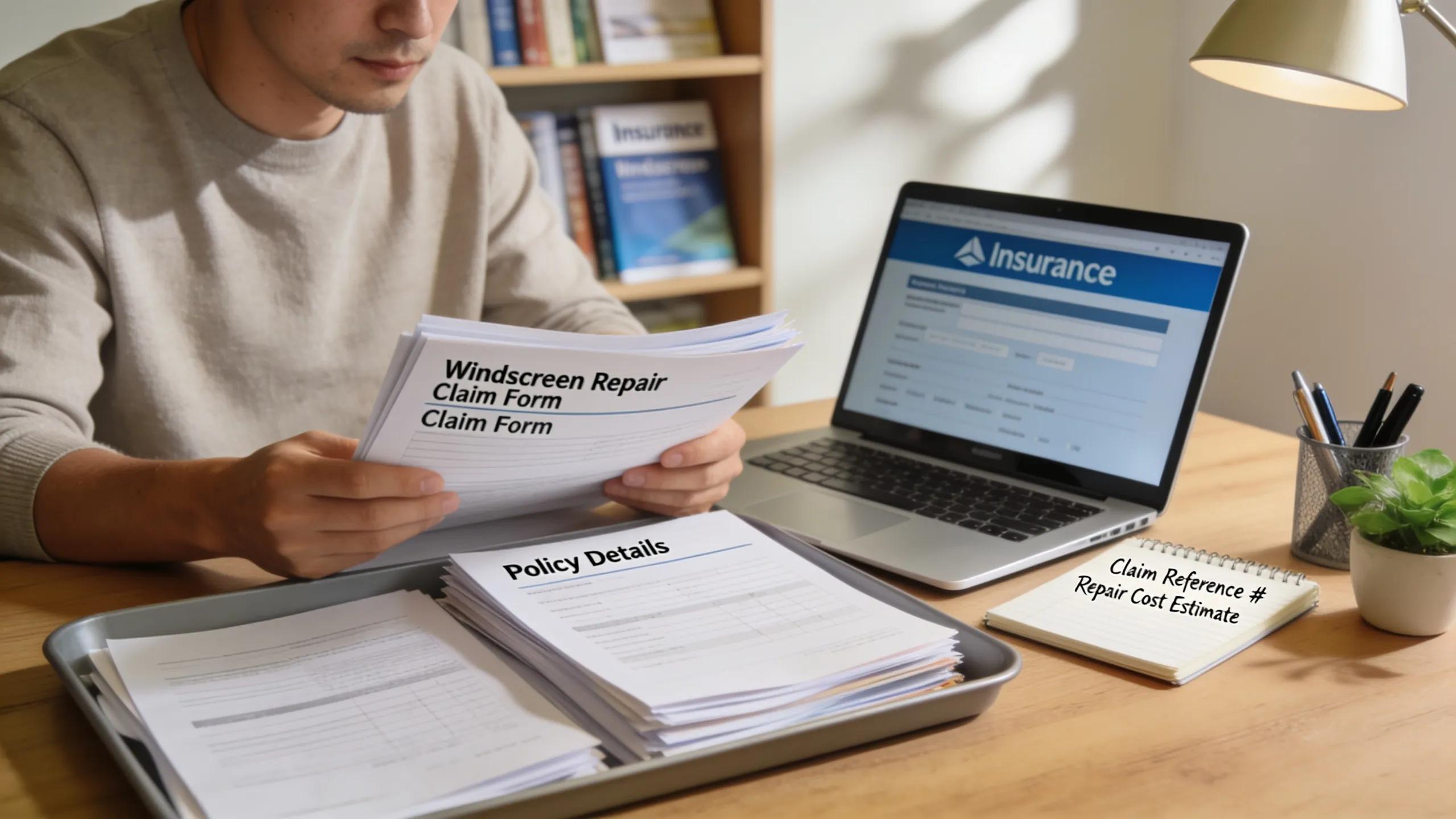 Individual reviewing insurance documents at a desk for windscreen repair claims