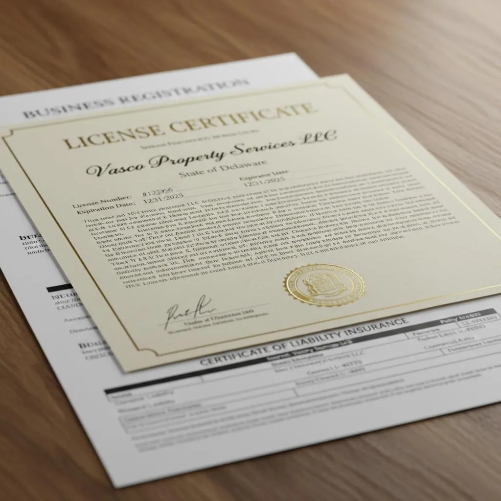 A close-up of a contractor's license certificate, insurance document, or official paperwork — visually reinforces the "check credentials before hiring" message