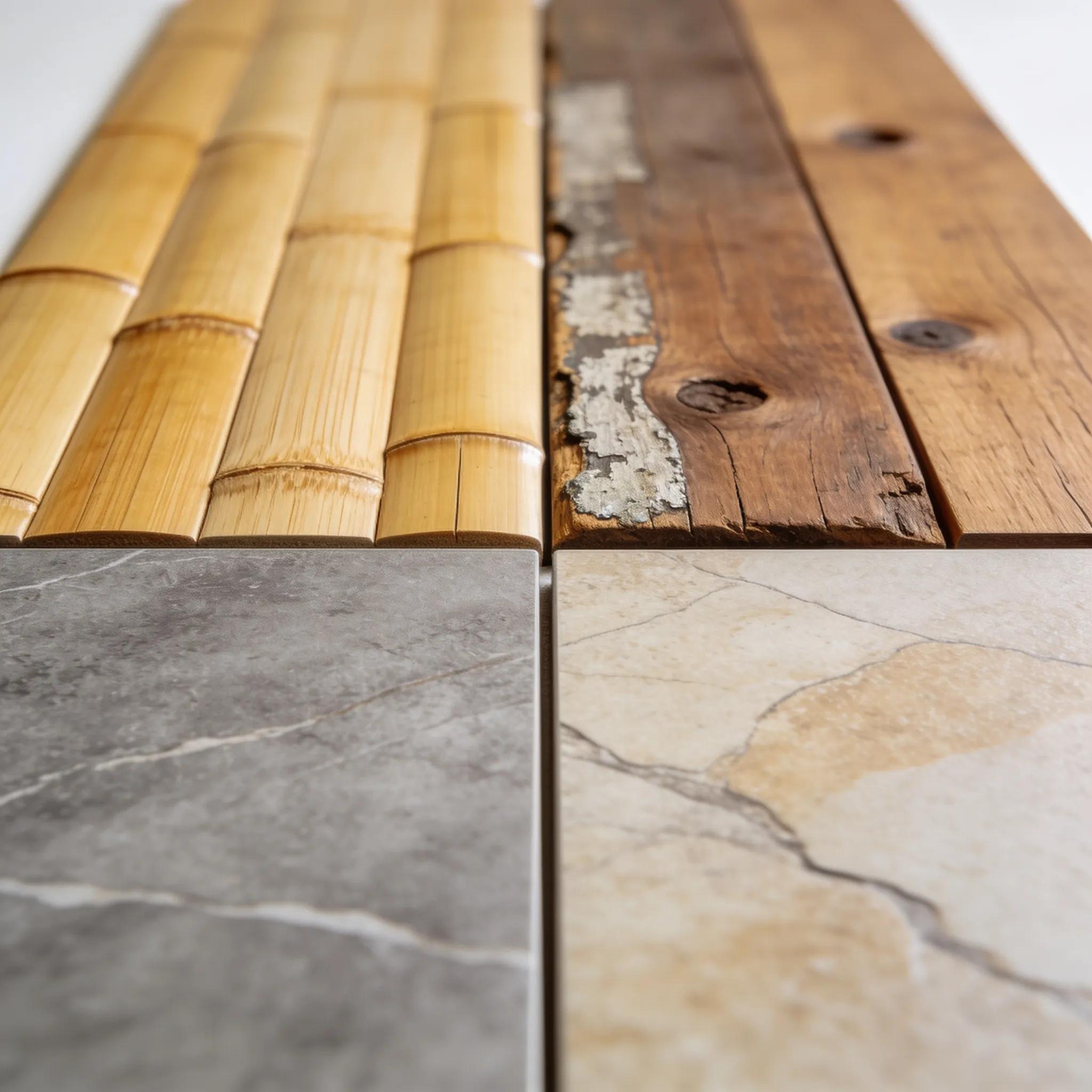 Close-up of bamboo, reclaimed wood, and luxury vinyl tile samples