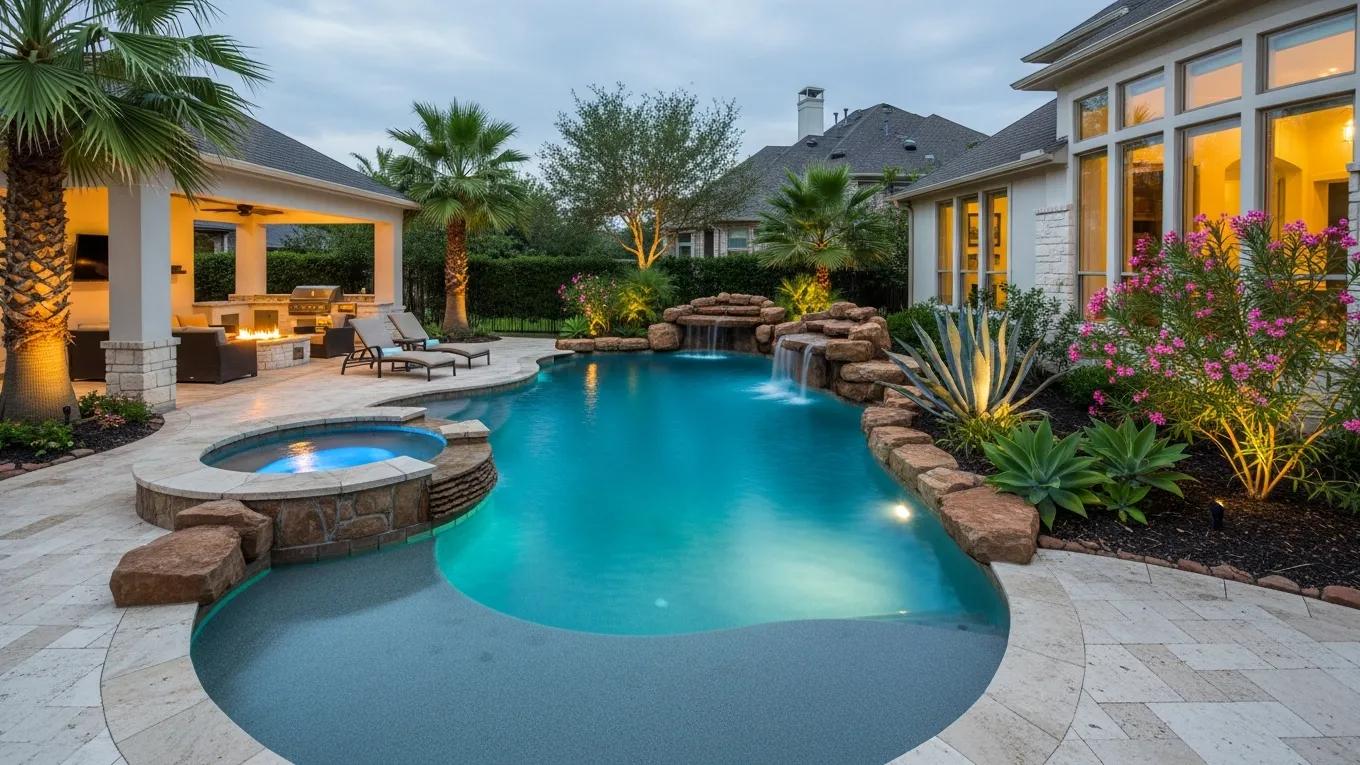 Luxurious swimming pool in a Texas backyard enhancing home value Luxurious swimming pool in a Texas backyard enhancing home value