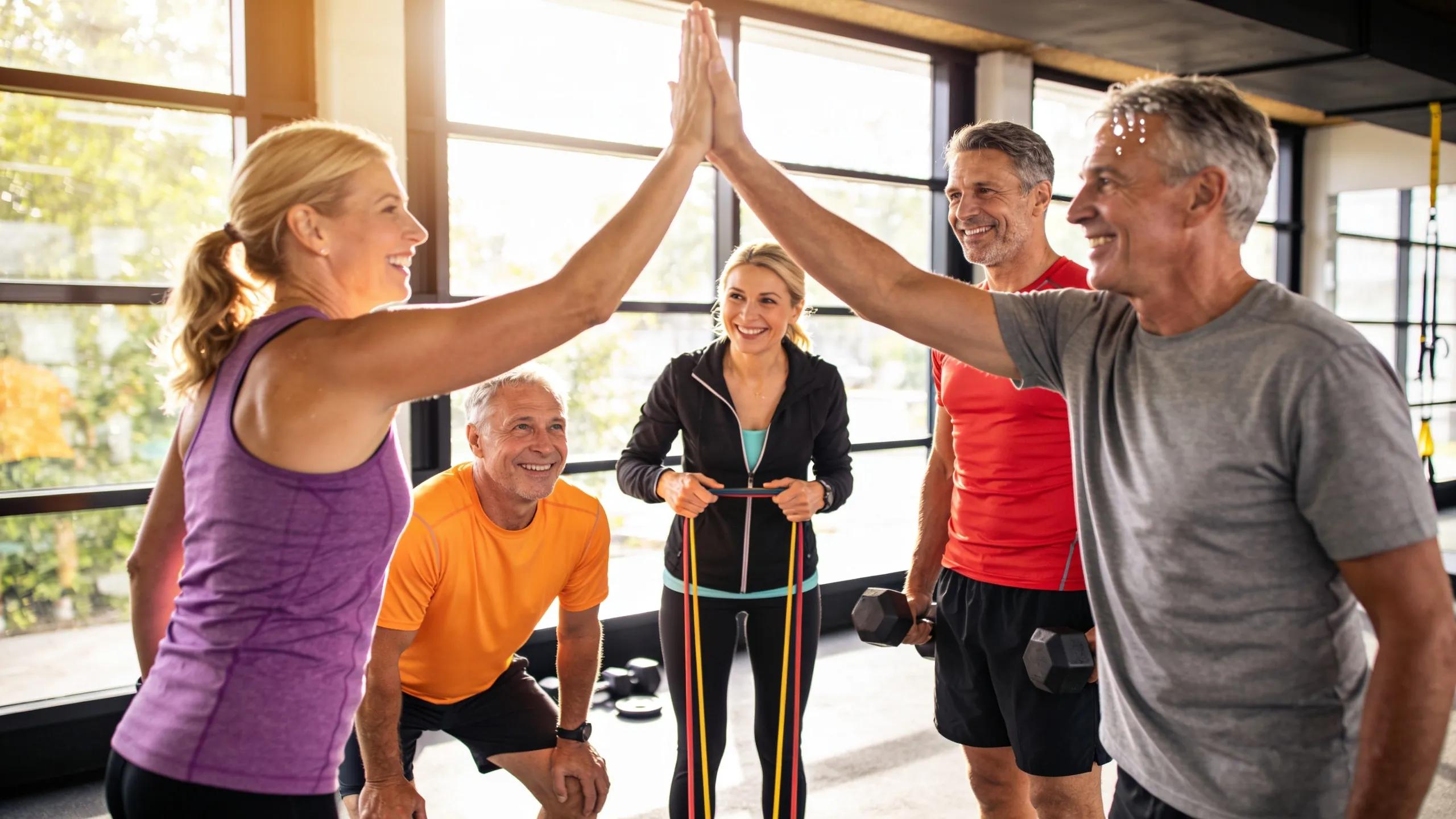 Adults over 40 participating in a supportive group fitness class