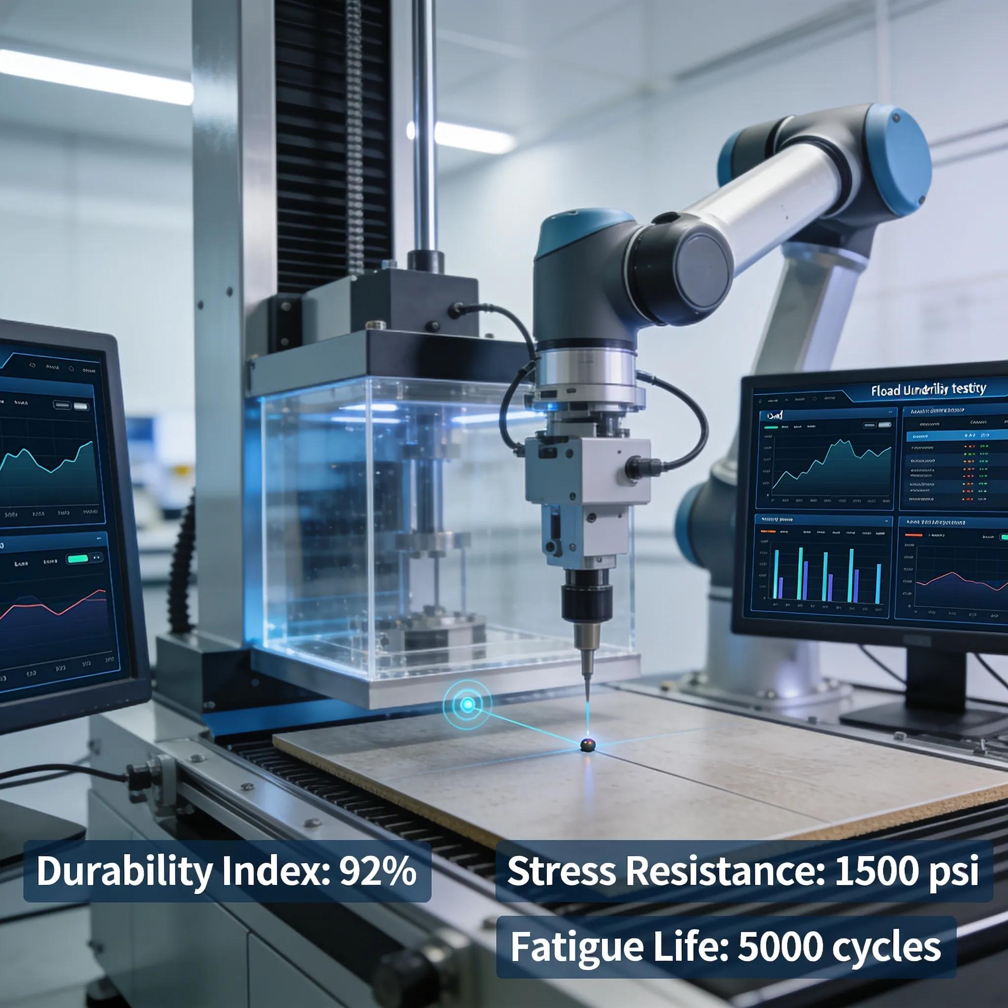 Advanced flooring durability testing technology featuring high-tech machinery and digital data displays