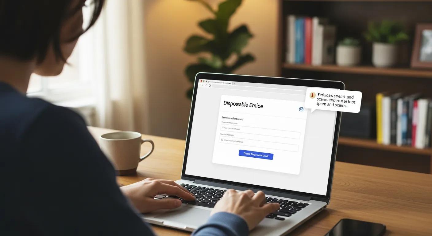 Person creating a disposable email address on a laptop to reduce spam and scams