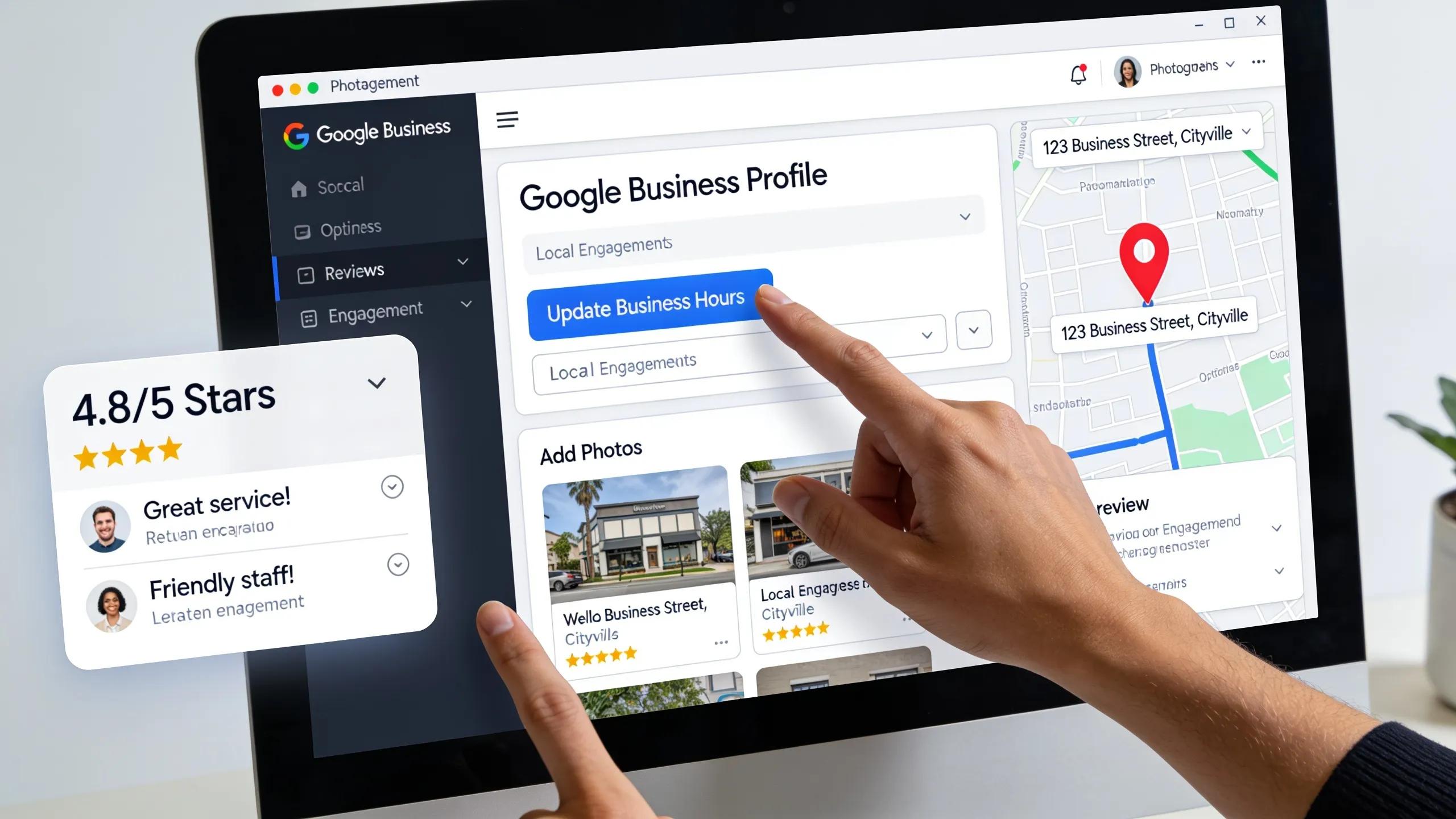 Optimized Google Business Profile displayed on a screen with local engagement elements, enhancing visibility Optimized Google Business Profile displayed on a screen with local engagement elements, enhancing visibility
