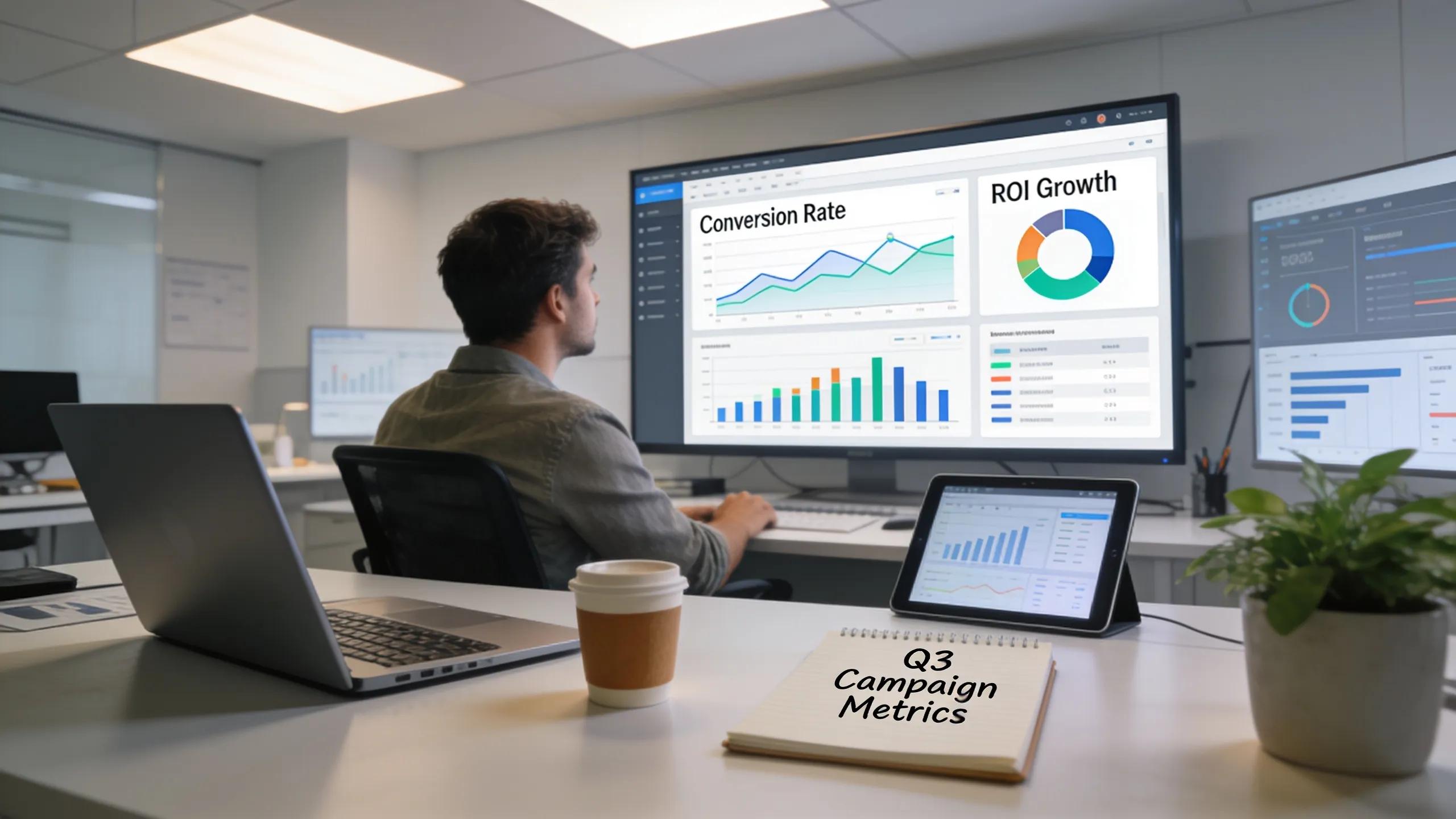 Finance professional reviewing performance analytics on a screen in a modern office setting
