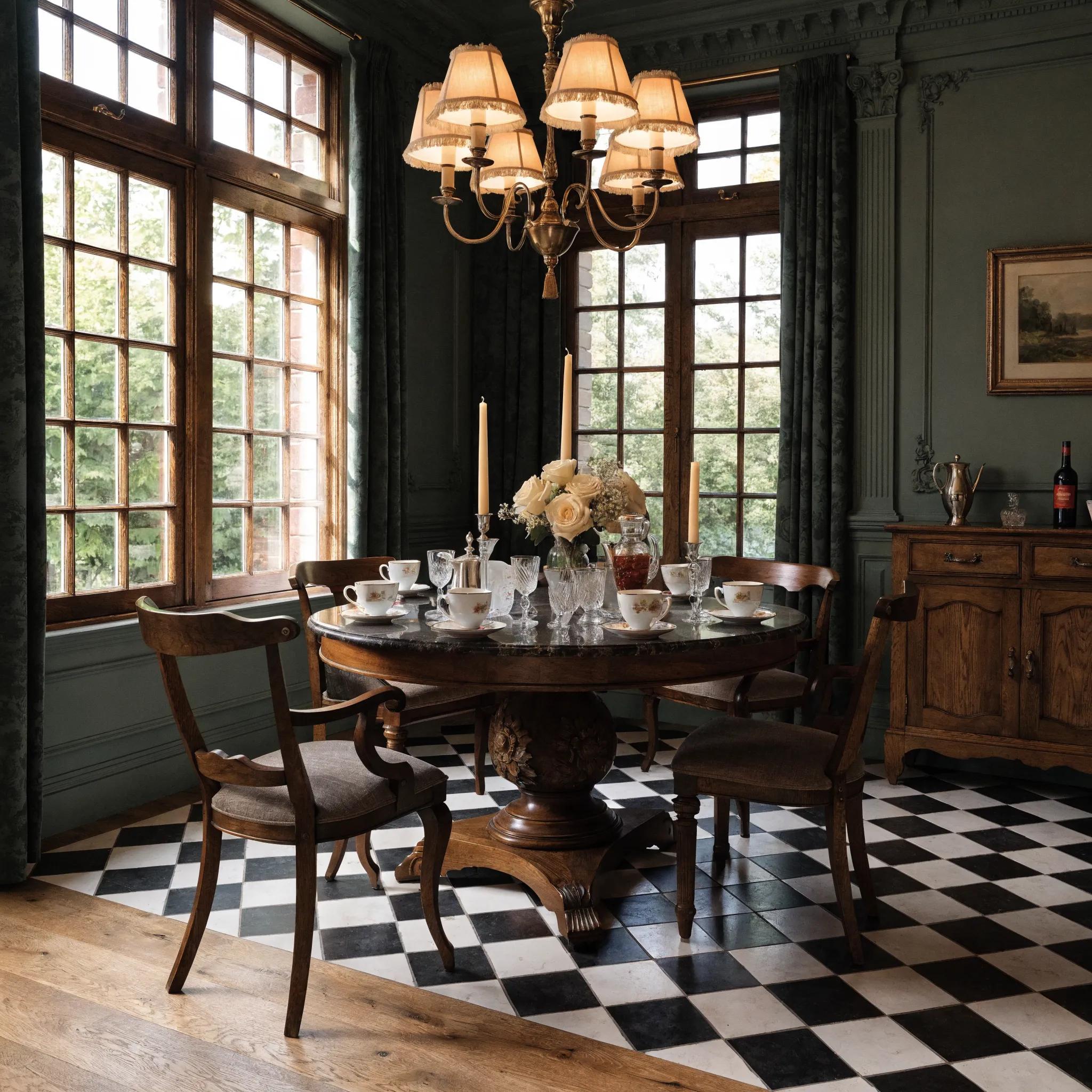Elegant dining room with checkerboard tiles and brushed oak flooring