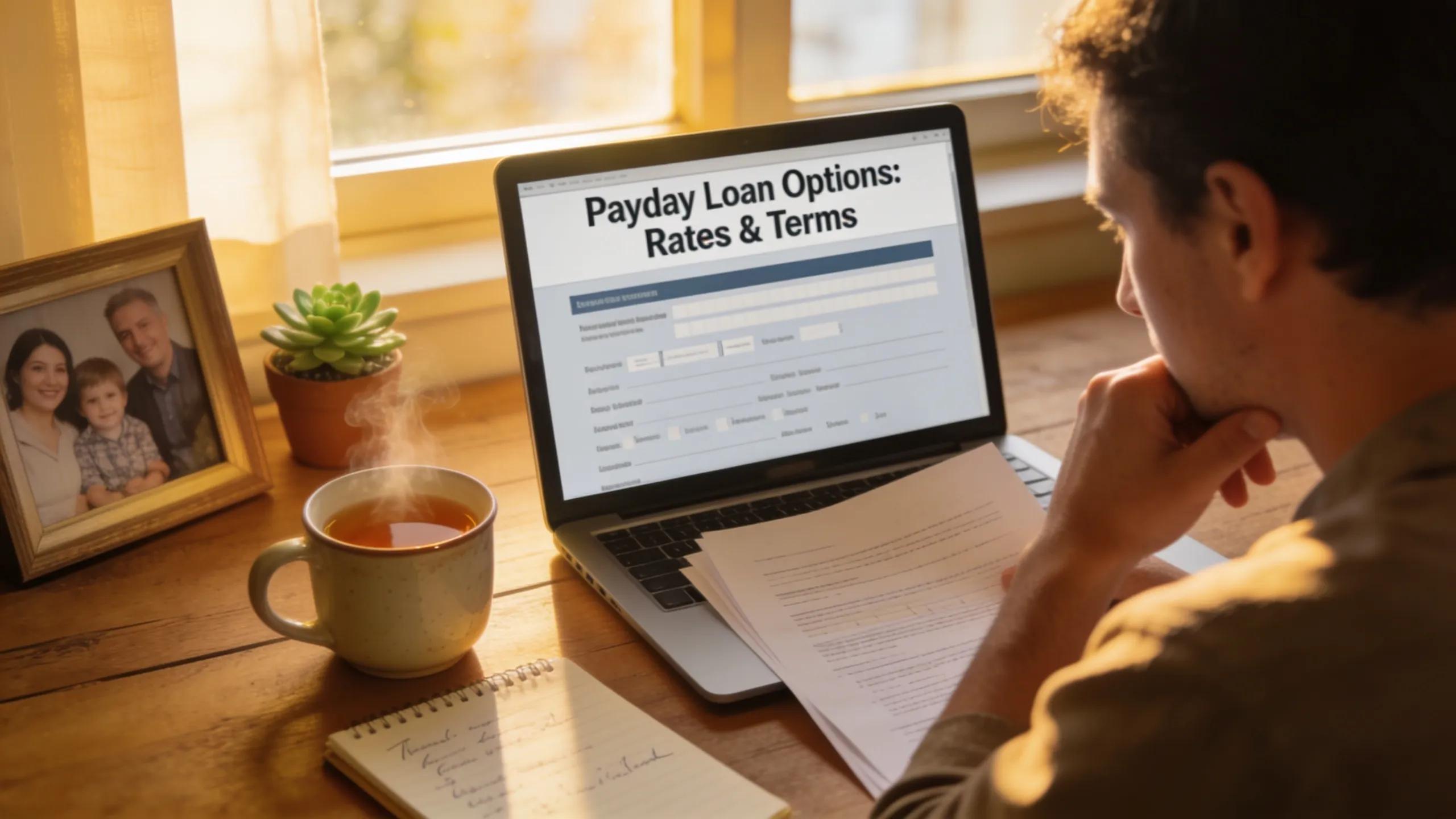 A person reviewing payday loan documents at a desk, surrounded by a warm and inviting home office environment.