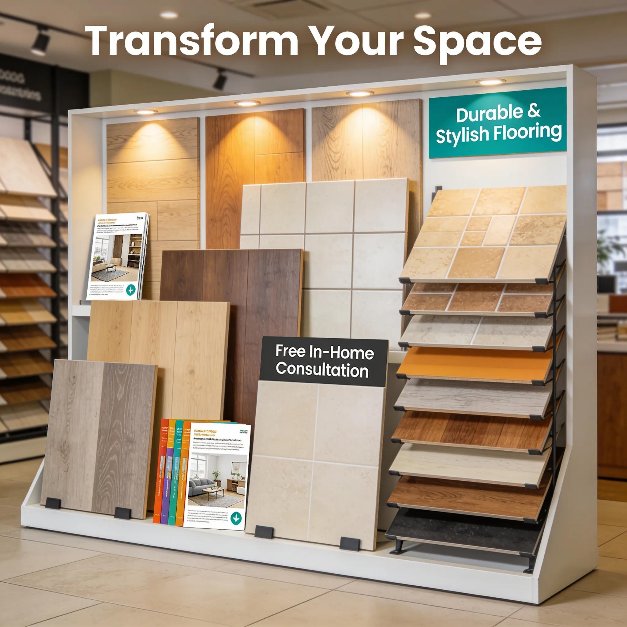 Organized flooring sample display illustrating sample-based marketing and merchandising