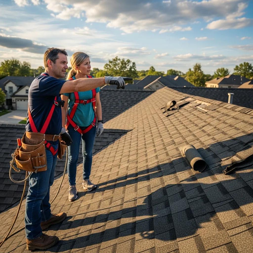 Roofing specialist discussing concerns with a homeowner while on the roof