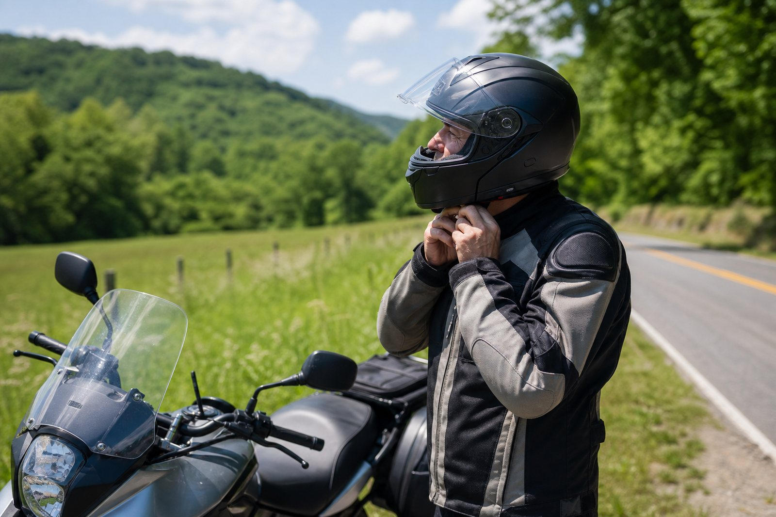 Motorcyclist fastening the chin strap of a full-face DOT helmet in rural Virginia