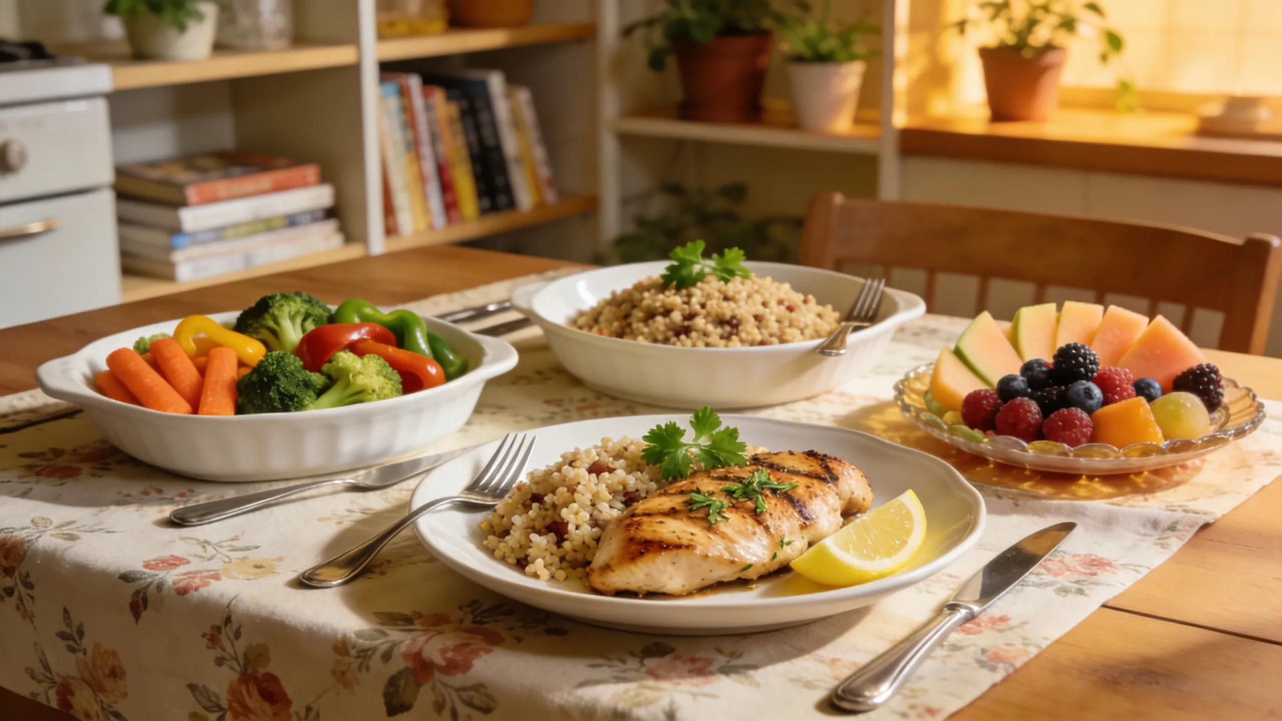 Healthy meal options for seniors including colorful vegetables and lean proteins arranged on a dining table