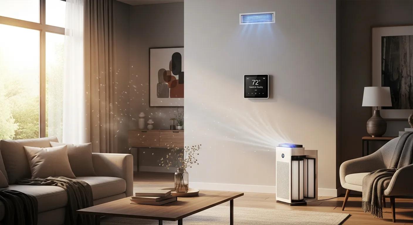 Indoor air quality upgrades: filters, UV‑C lights, and a smart thermostat in a comfortable living room