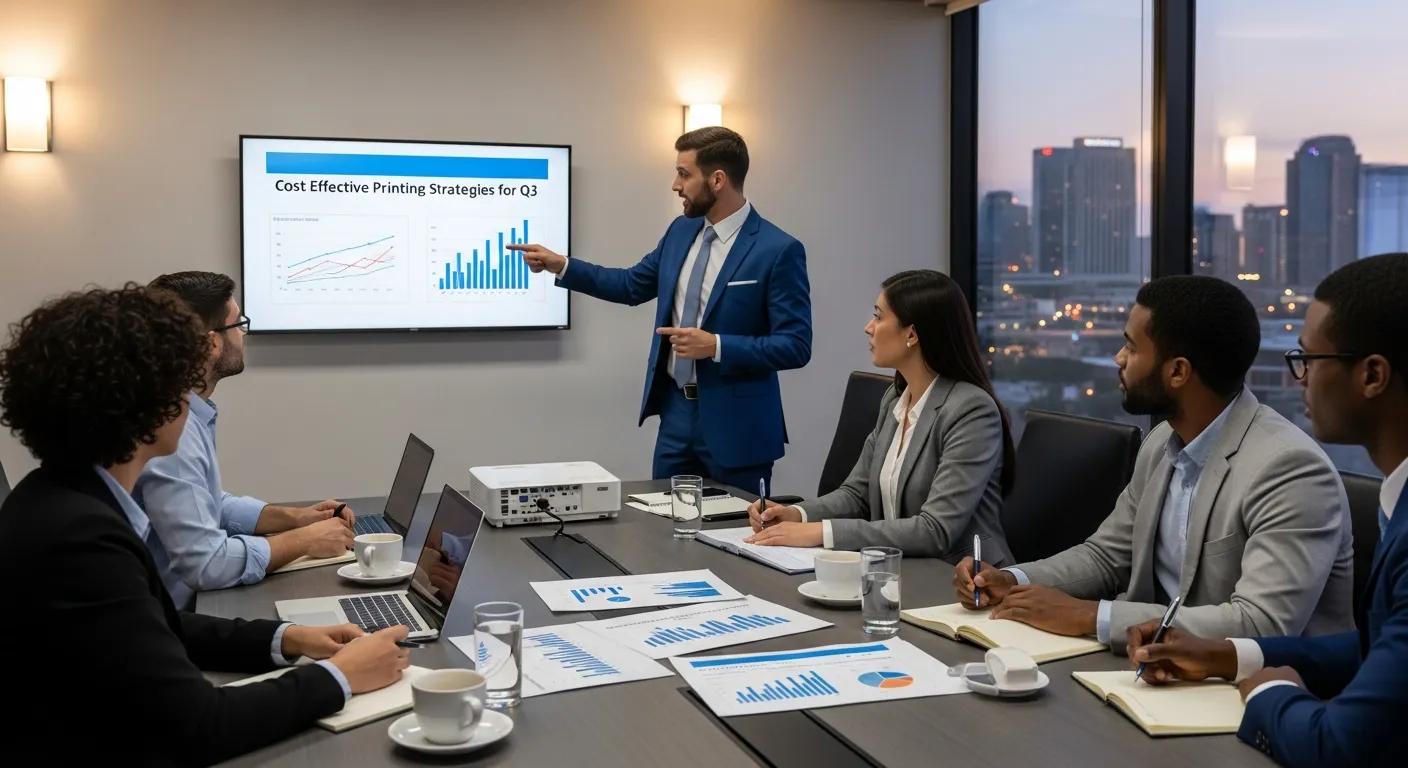 Business meeting discussing cost-effective printing strategies in San Antonio