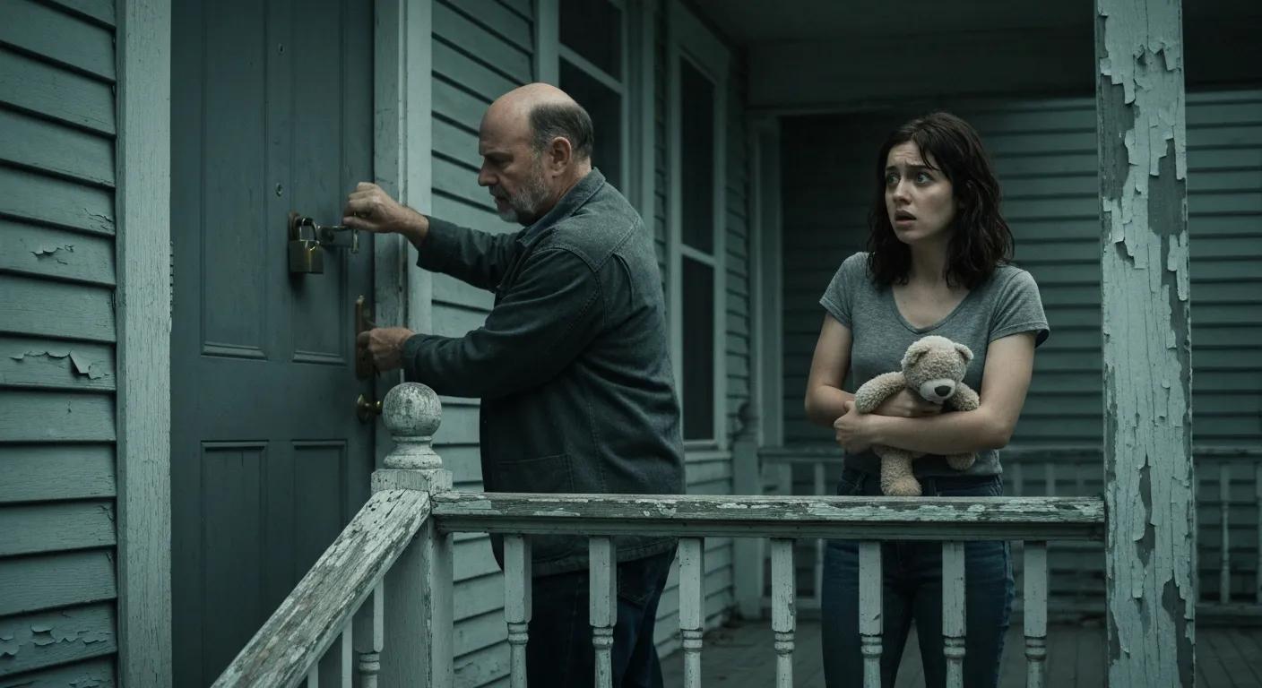 Landlord changing locks on a rental property while a concerned tenant observes, illustrating the tension of illegal eviction