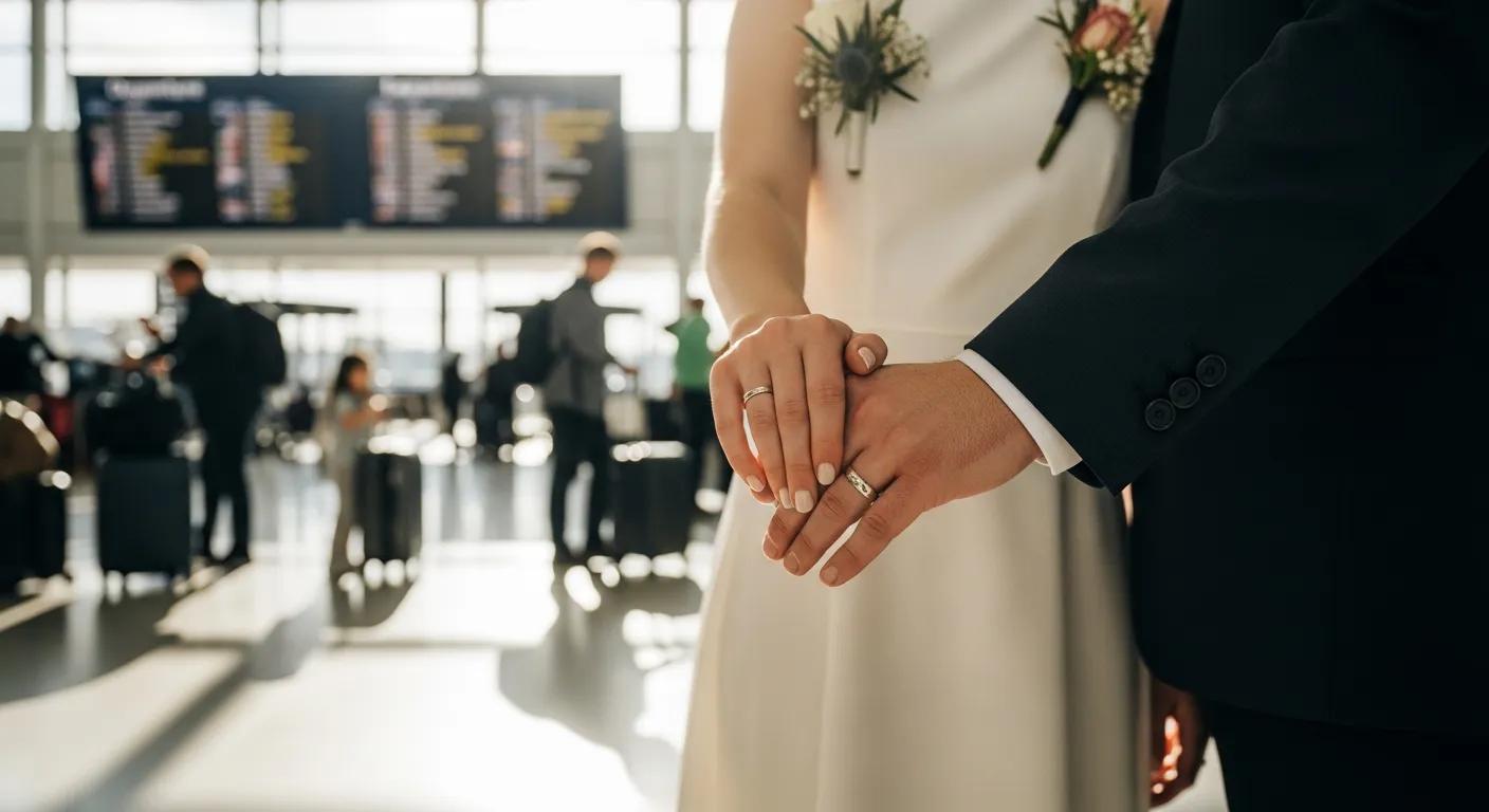 A couple holding hands, showcasing wedding rings, symbolizing marriage and immigration in Newark A couple holding hands, showcasing wedding rings, symbolizing marriage and immigration in Newark