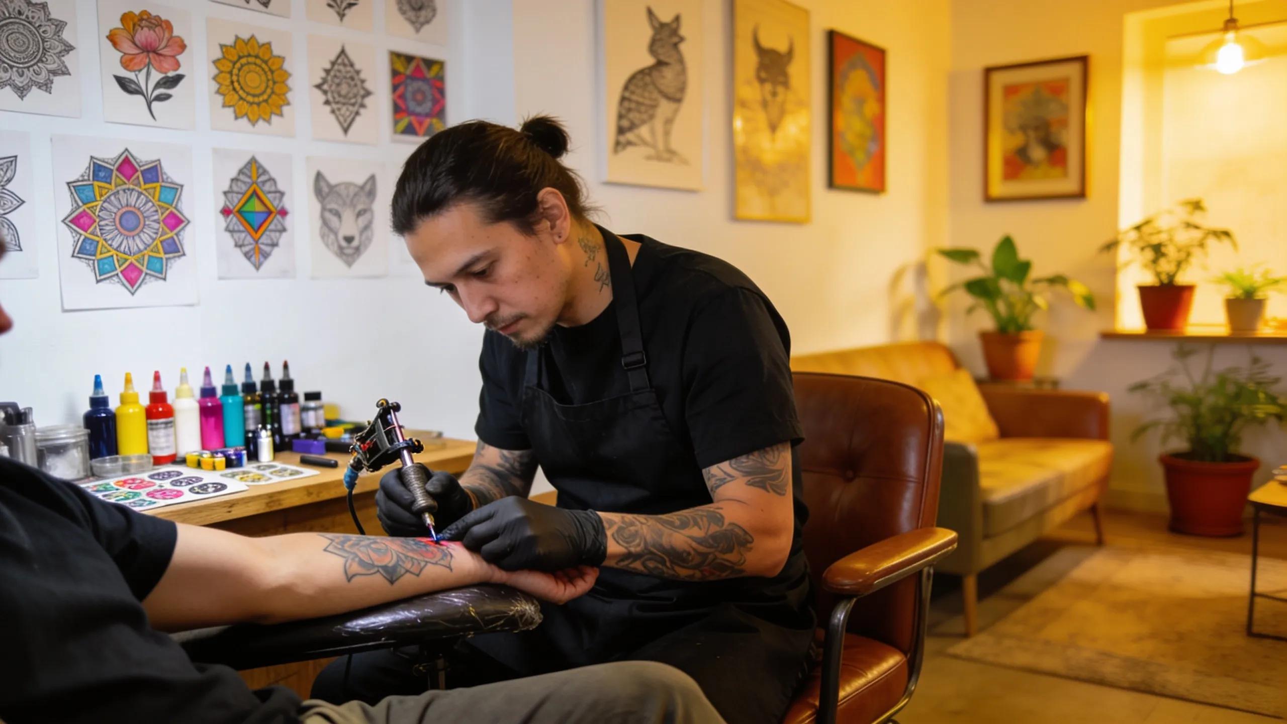 Tattoo artist working on a custom design in a professional studio at Sloan's Lake, Denver, capturing the essence of personalized body art.