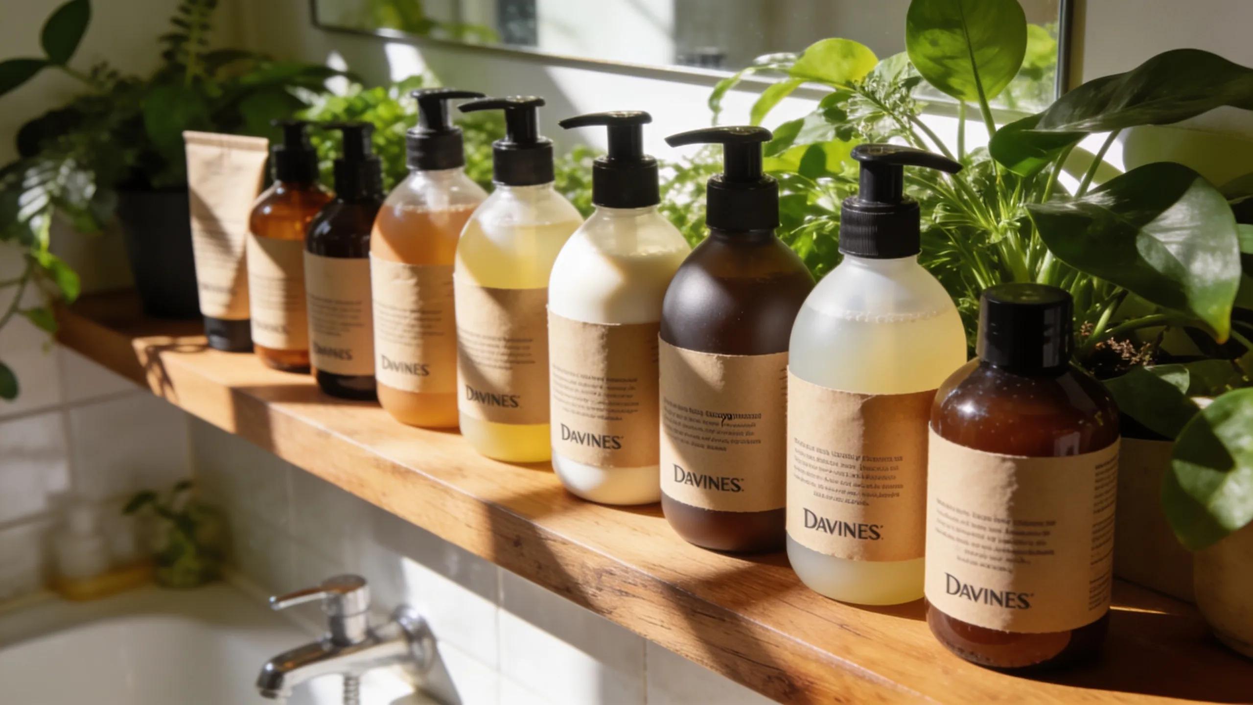 Davines shampoo bottles arranged in a bright, eco-friendly bathroom, illustrating natural beauty and sustainability