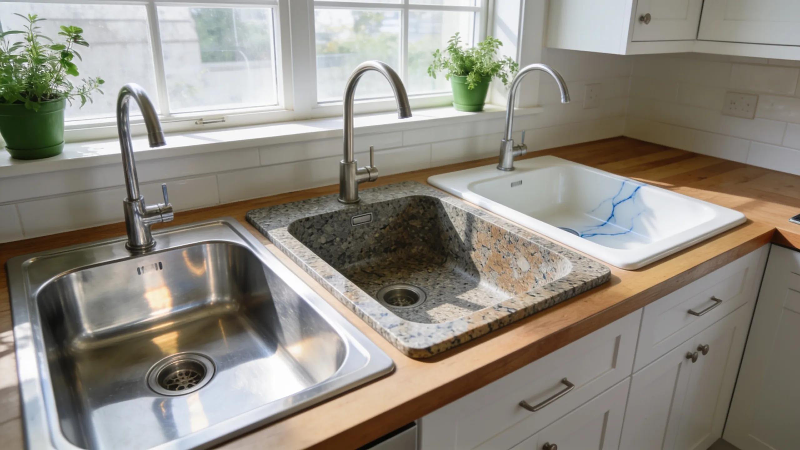 Display of kitchen sink materials including stainless steel, granite composite, and porcelain in a stylish kitchen