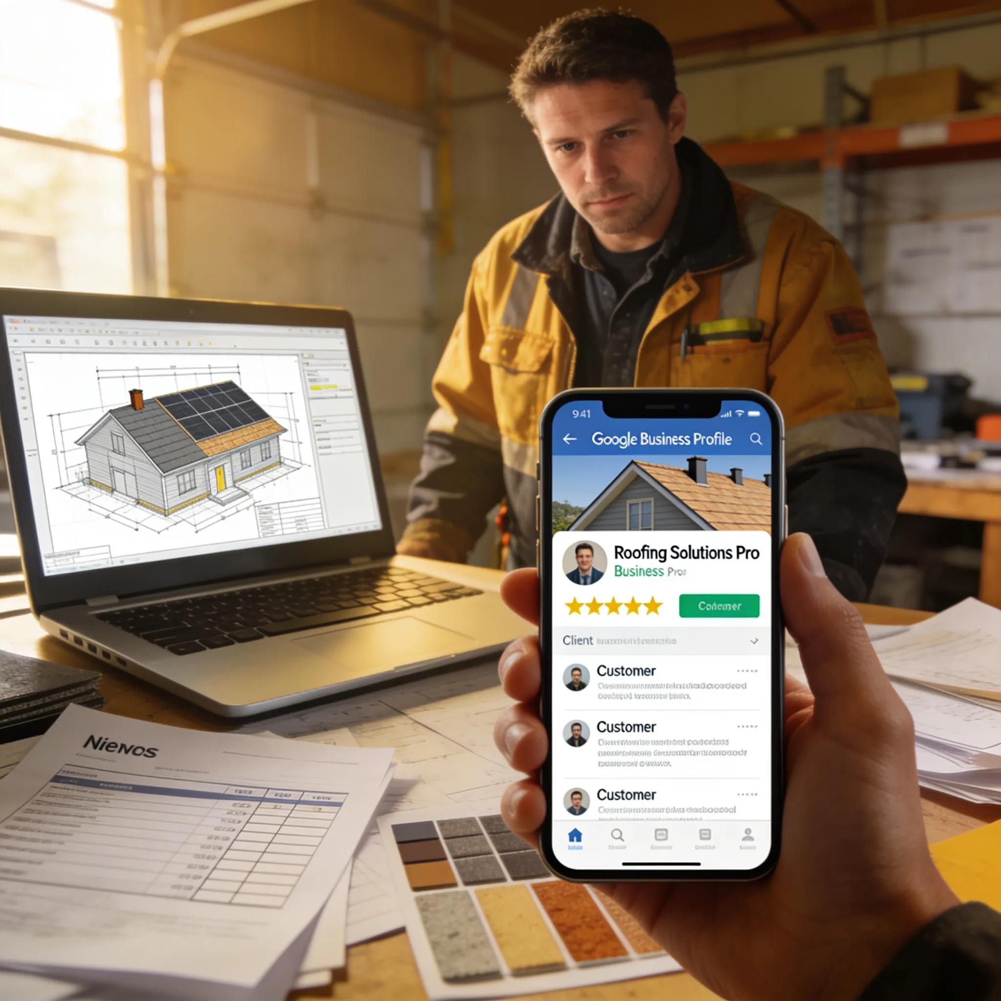 Contractor managing Google Business Profile on smartphone in an office