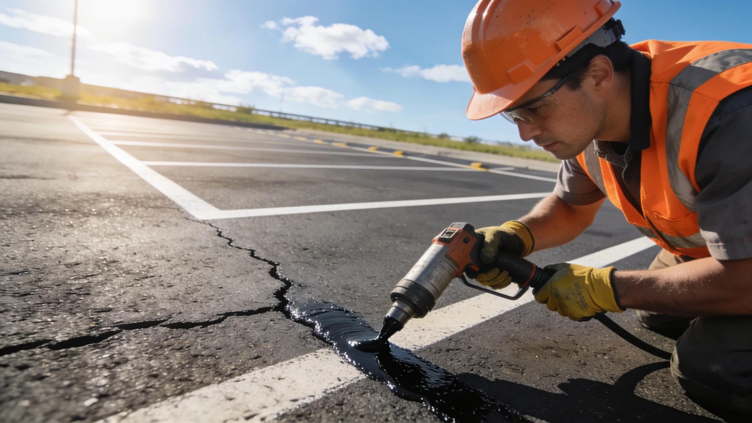 Asphalt repair technician filling cracks on pavement