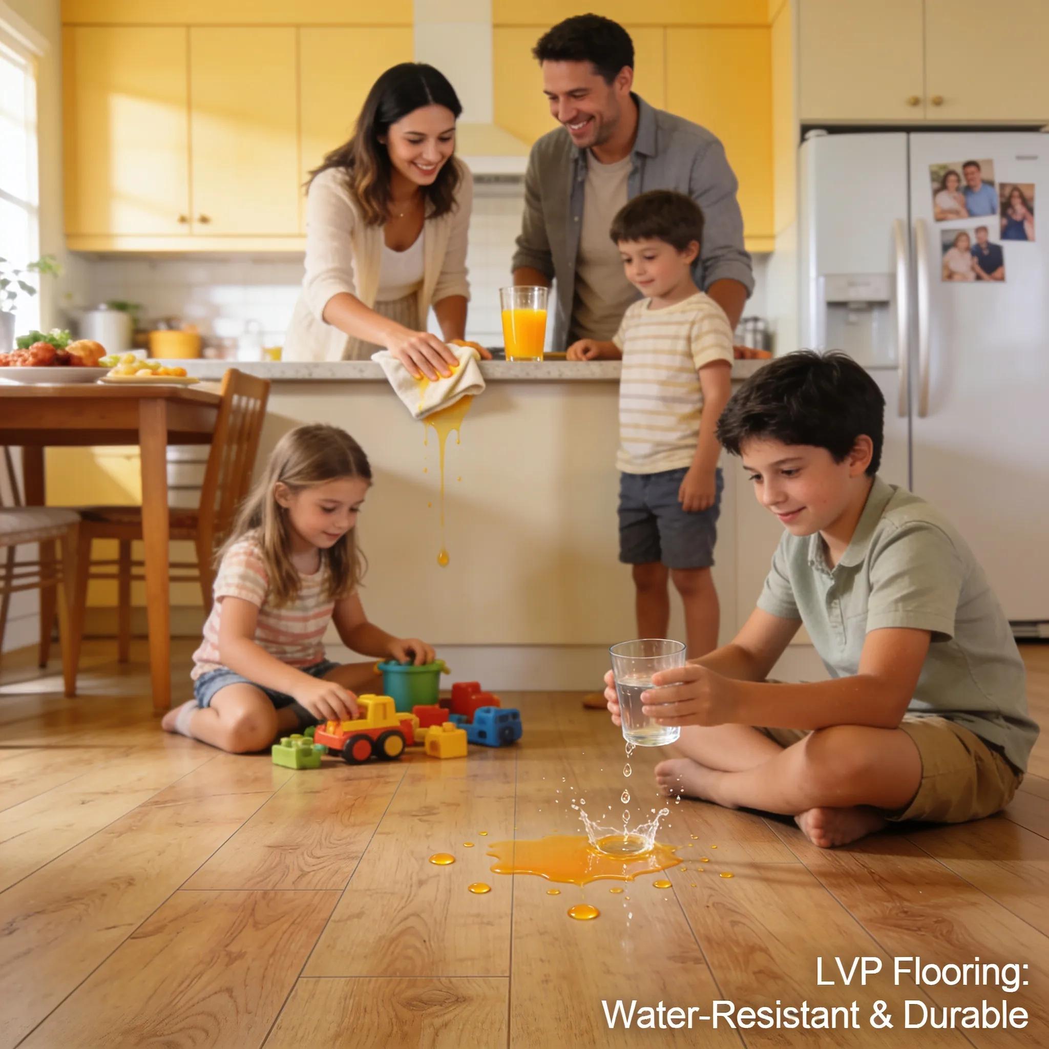 Family showing the water-resistant benefits of luxury vinyl plank flooring in a busy kitchen