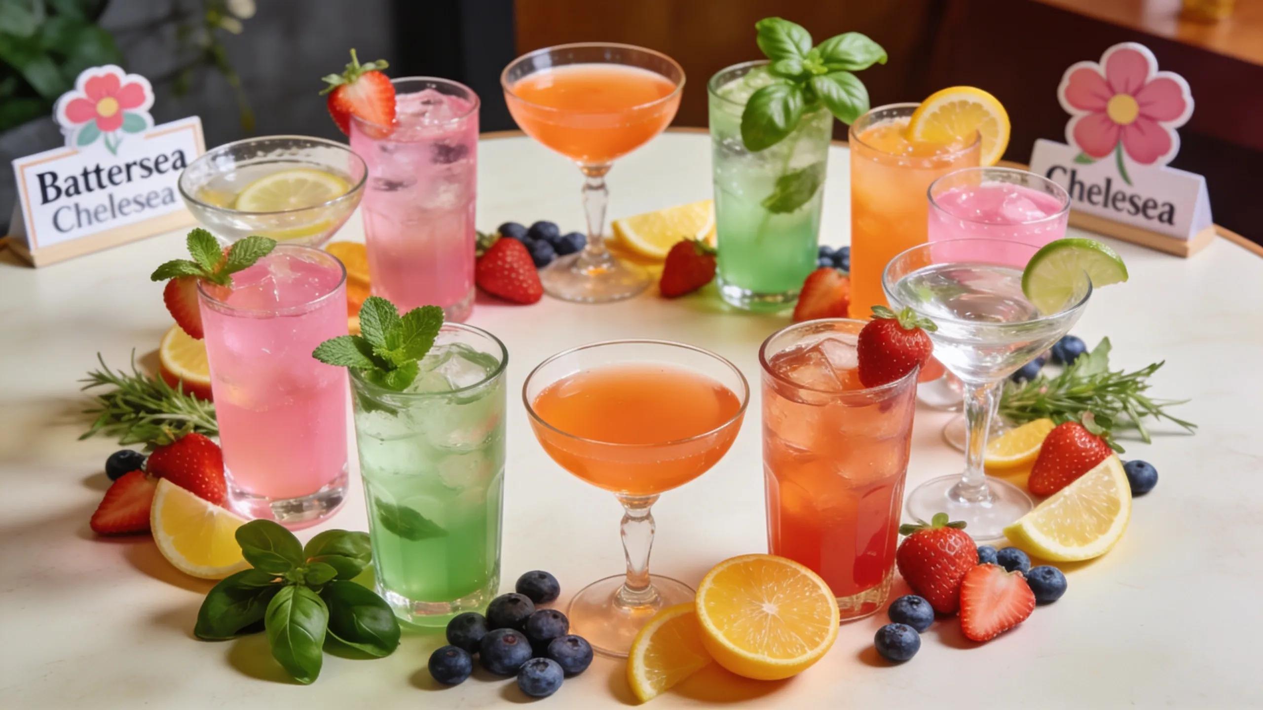 Festive arrangement of low-calorie cocktails with fresh fruits and herbs at a party
