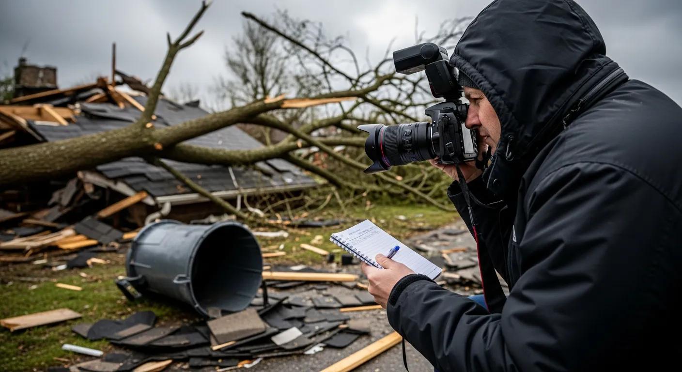 Person documenting storm damage with photographs and notes, highlighting the importance of thorough documentation