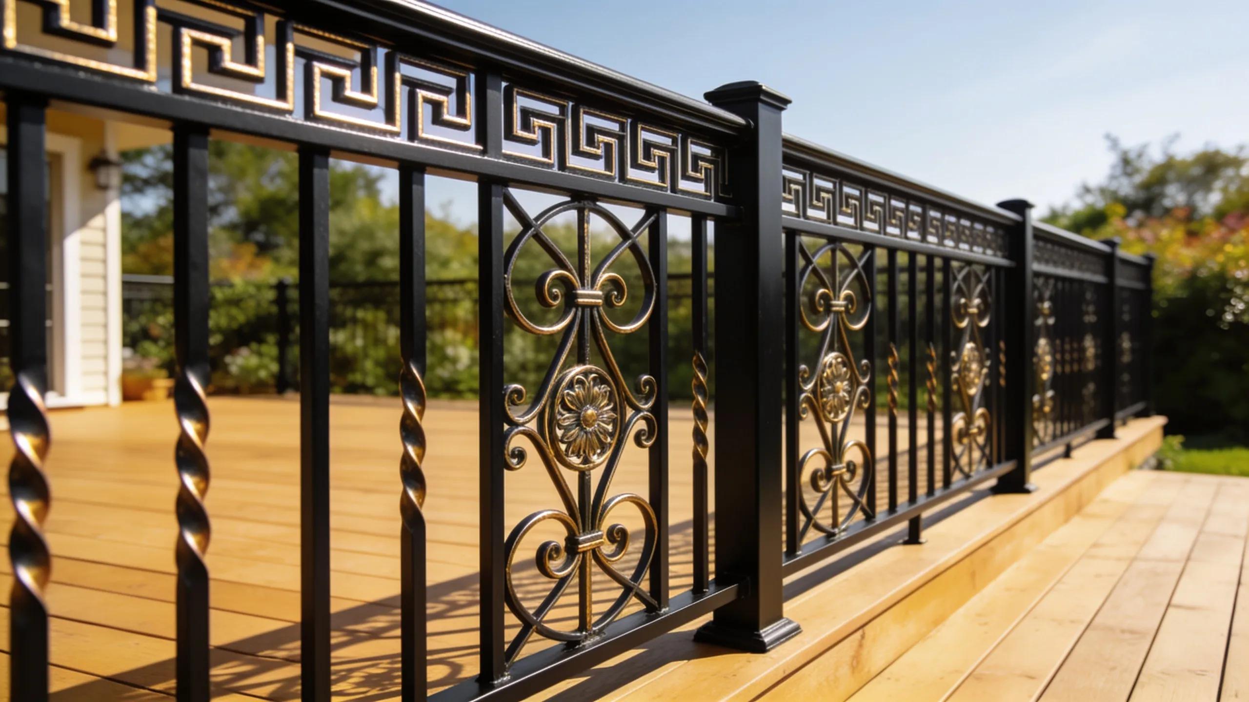 Custom metal railing design with ornate detailing and wrought iron accents for a deck in