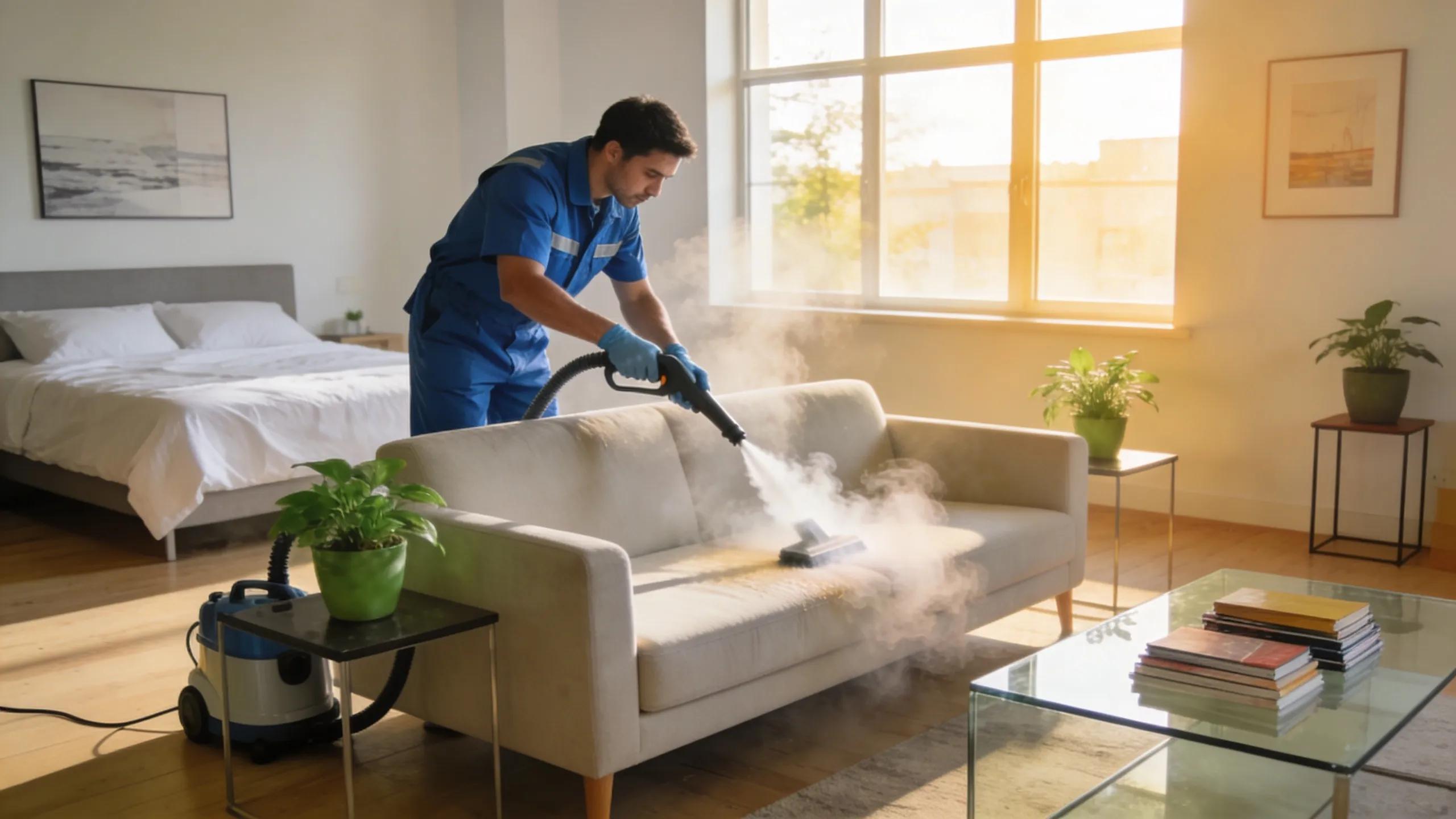 Professional cleaner using steam cleaning equipment in a modern apartment, showcasing cleanliness and professionalism