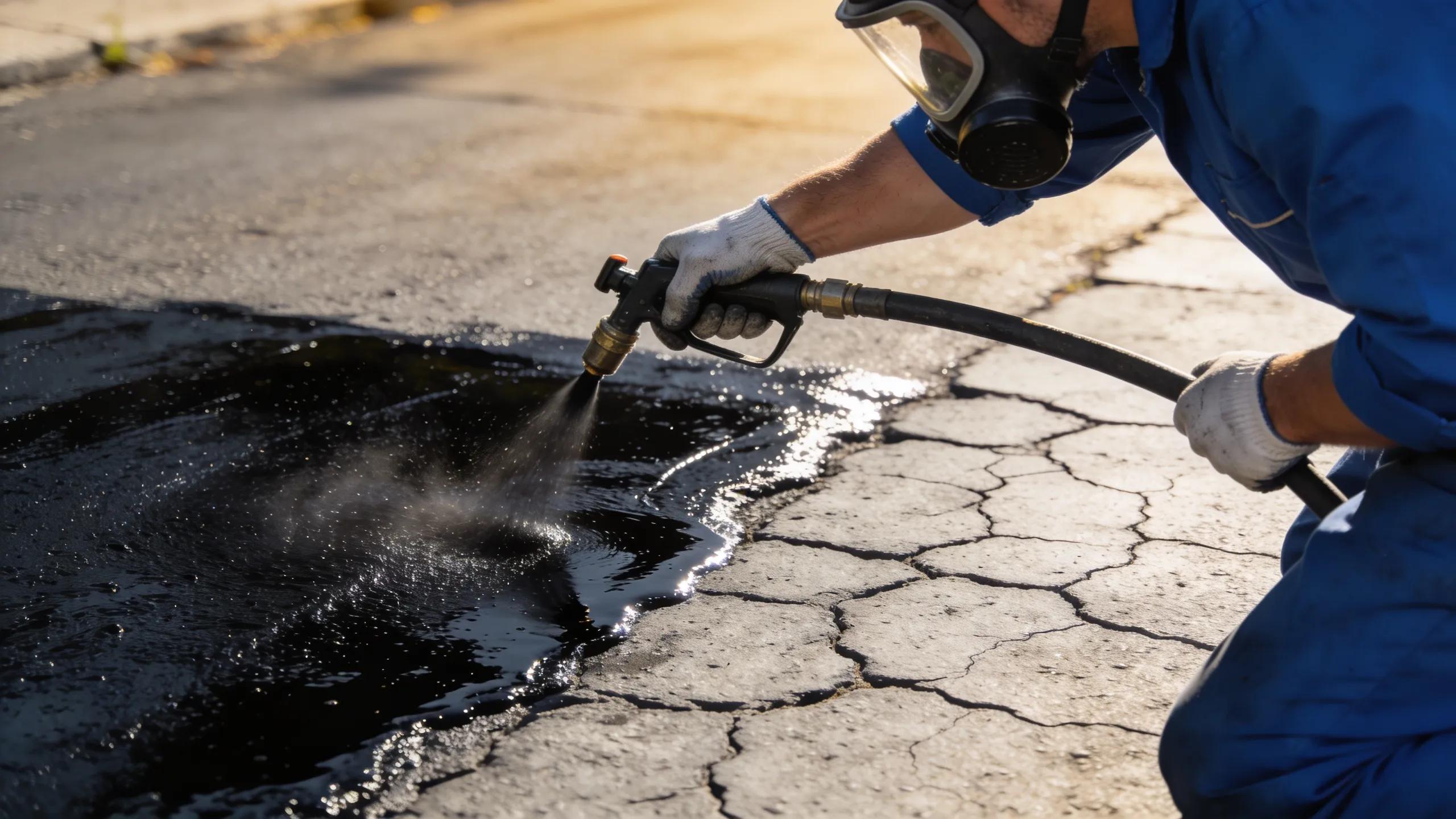 Worker applying sealcoating on asphalt surface, showcasing expert maintenance techniques