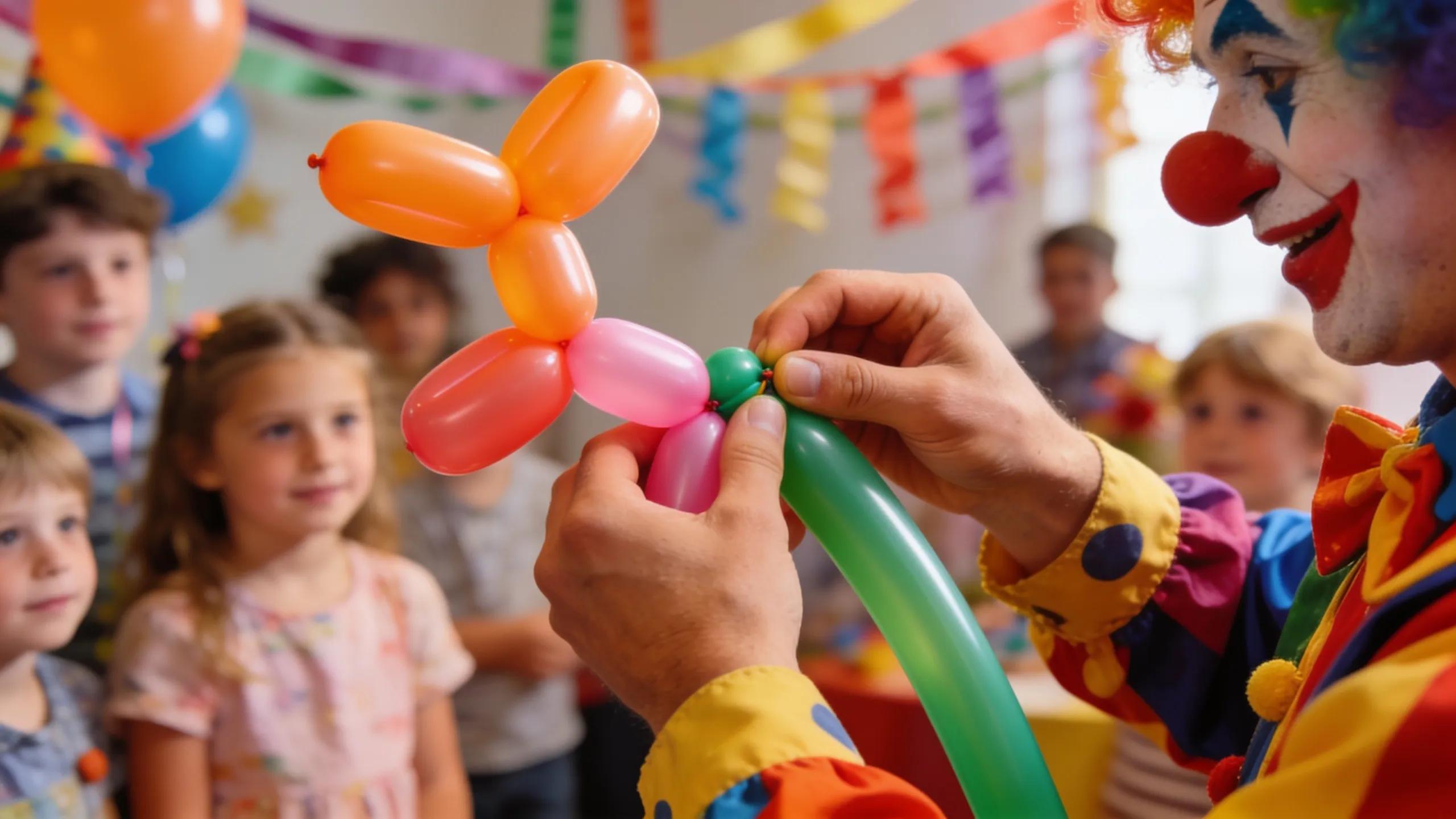 Clown skillfully twisting a balloon animal while attentive children look on, illustrating the interactive entertainment offered at kids' parties.