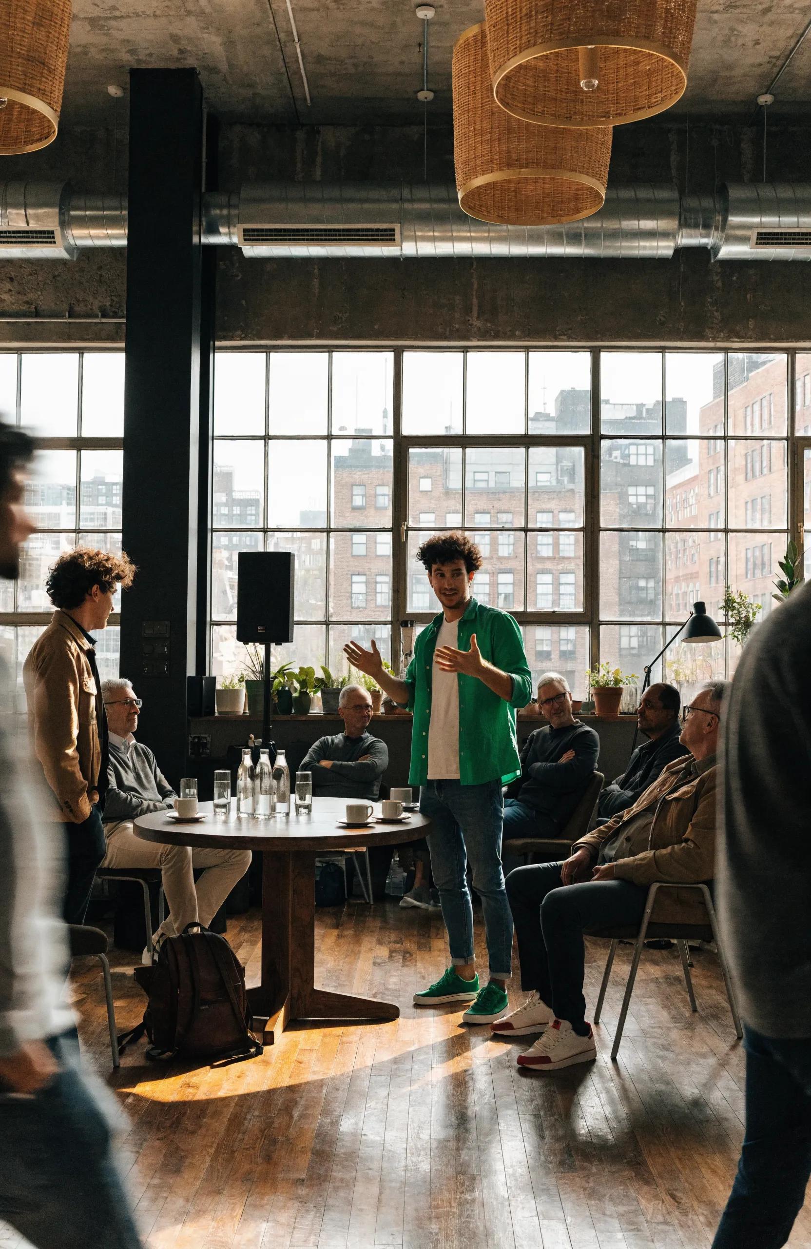 Entrepreneurs pitching innovative ideas to venture capitalists at a startup event