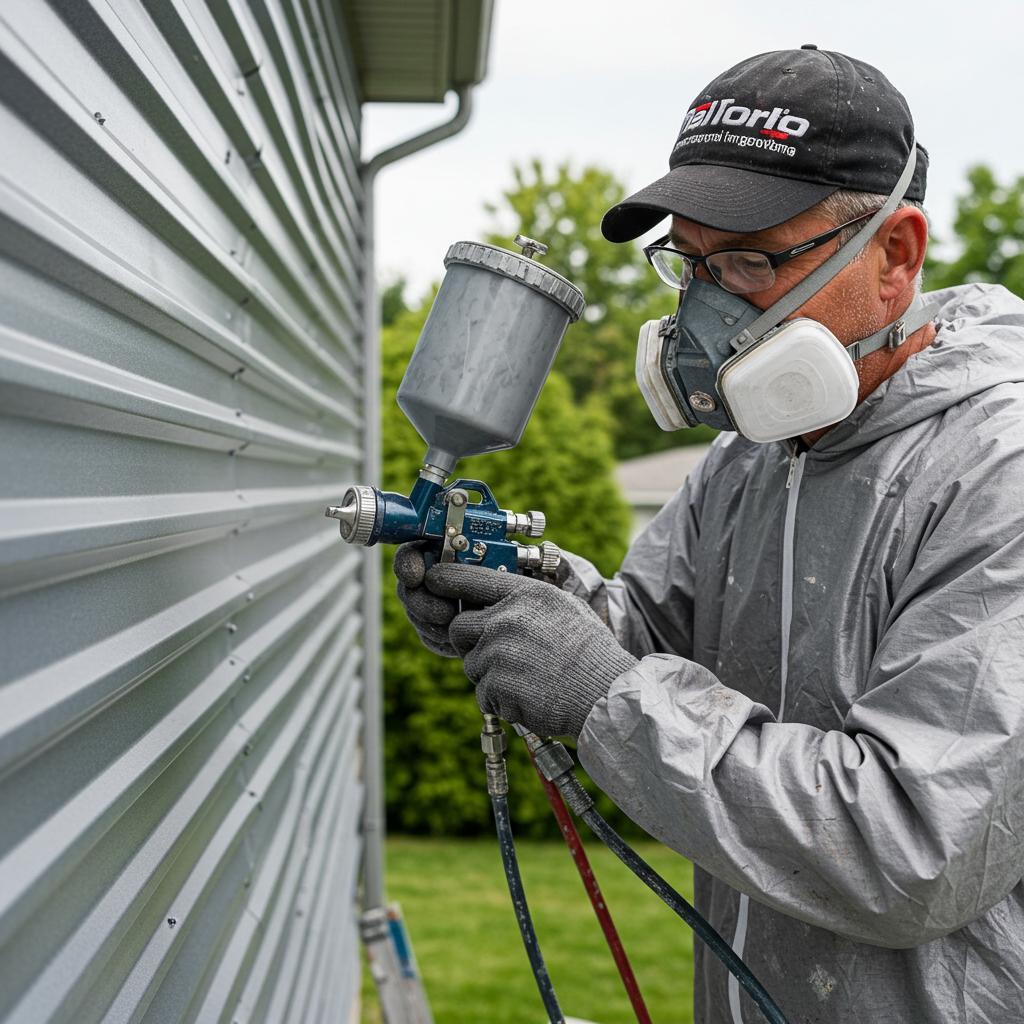 Eco-friendly painting materials including low-VOC paint cans and brushes, emphasizing sustainability and safety in commercial painting