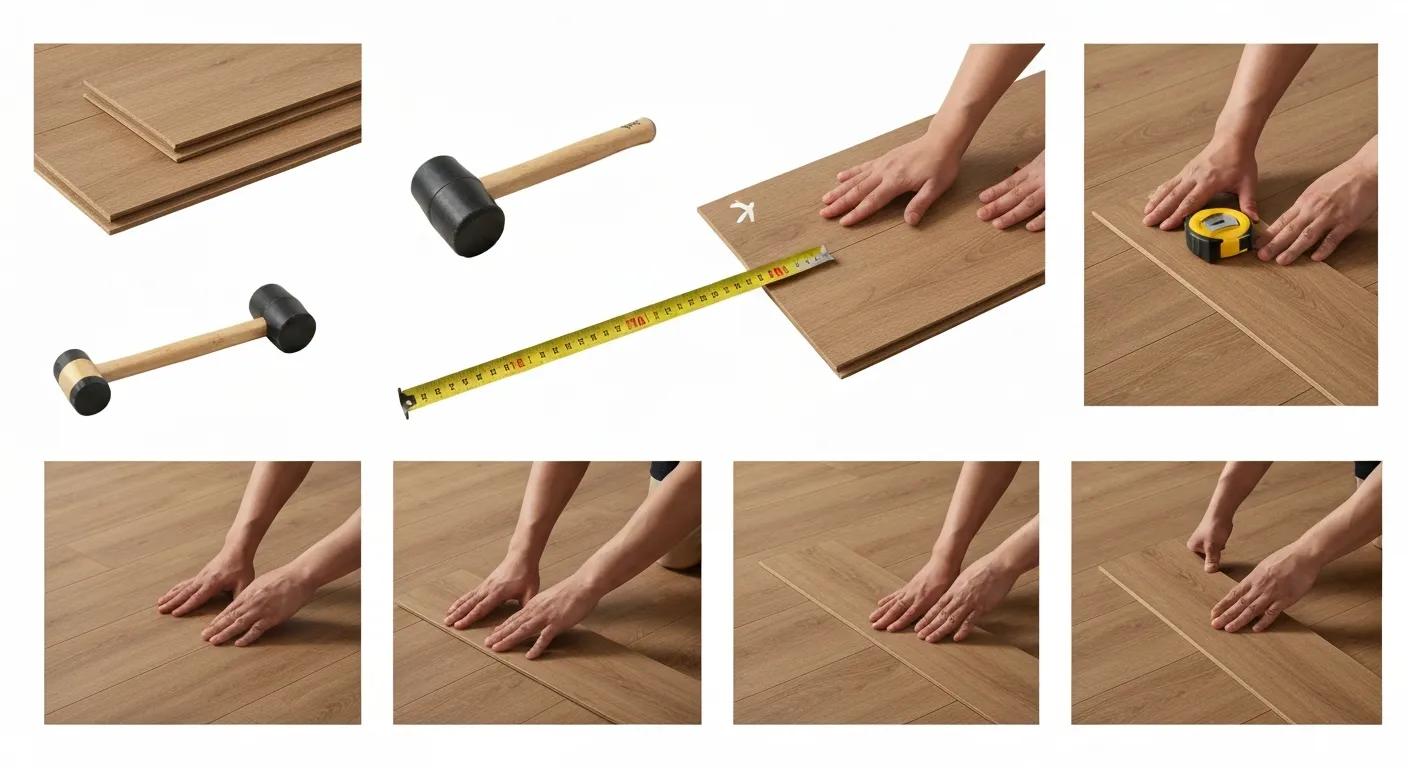 Step-by-step guide for DIY click flooring installation showing tools and materials