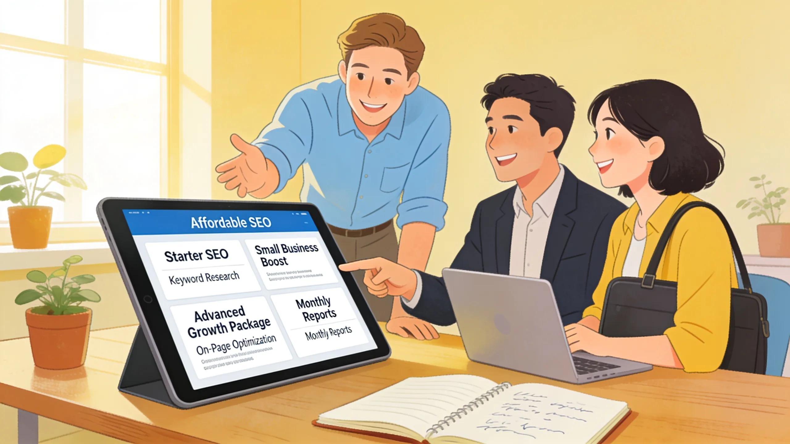 Affordable SEO packages for small businesses displayed on a tablet in a welcoming office setting.