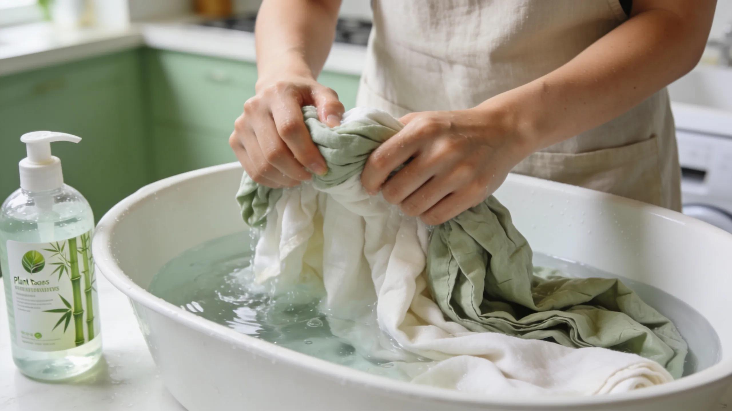 Person washing bamboo and cotton sheets highlighting eco-friendly care practices