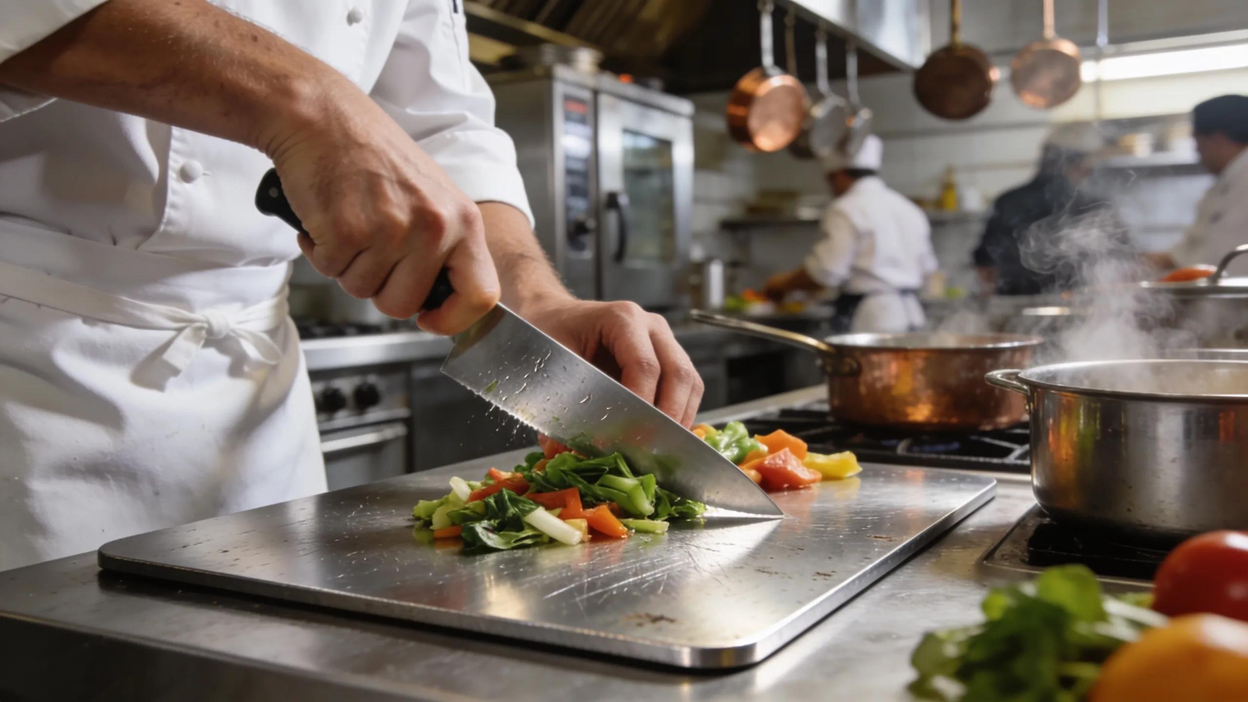 Chef using titanium chopping board showcasing durability in a professional kitchen