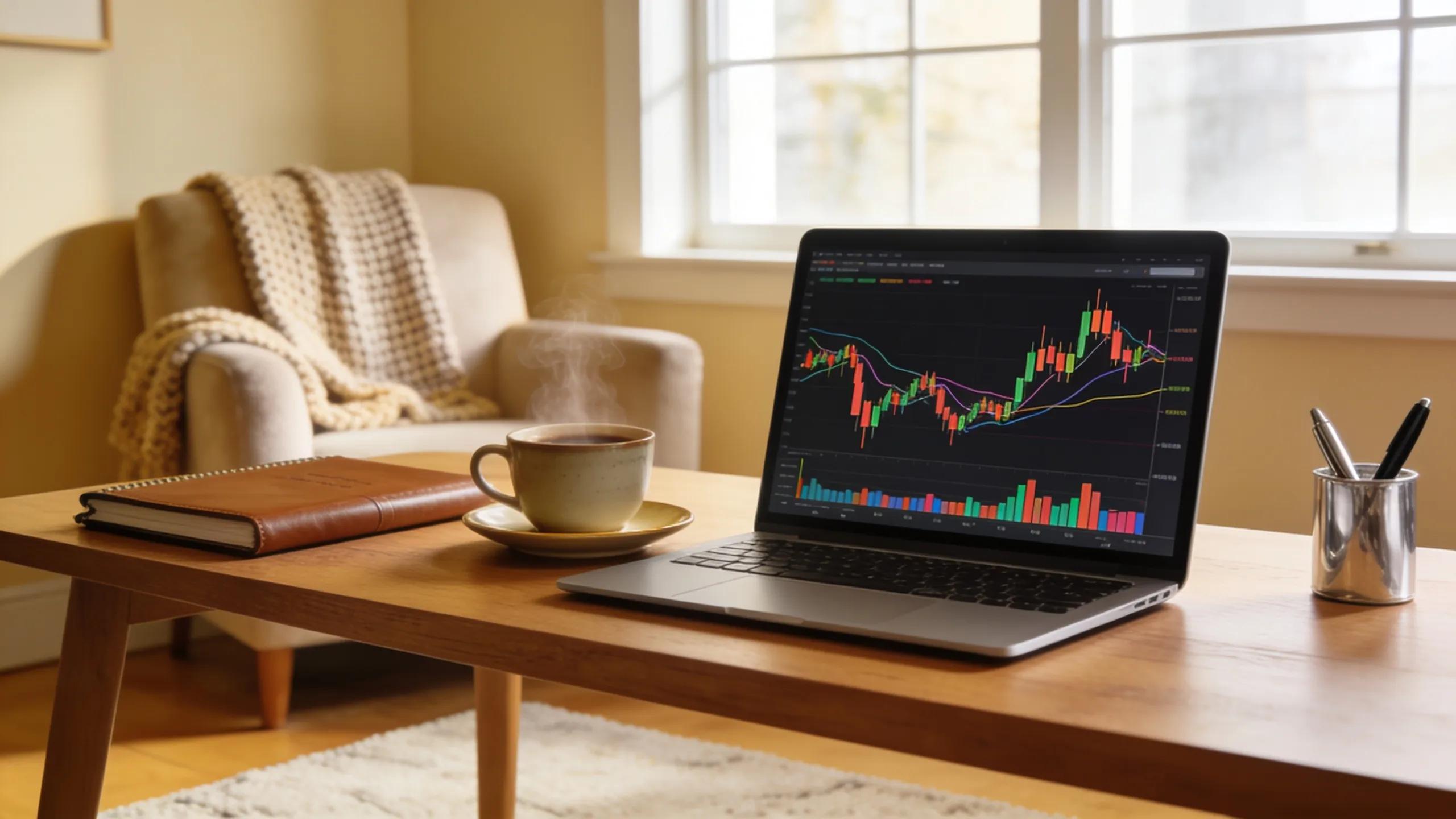 Cozy home office with laptop and coffee, emphasizing finance and investment themes