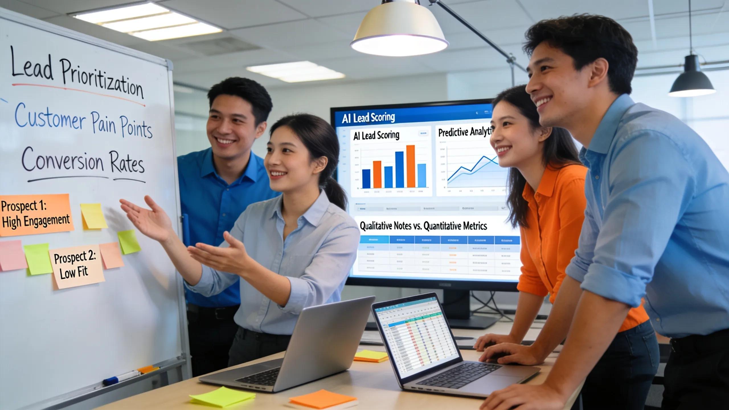 Sales development representatives reviewing leads collaboratively while integrating AI tools for enhanced lead qualification