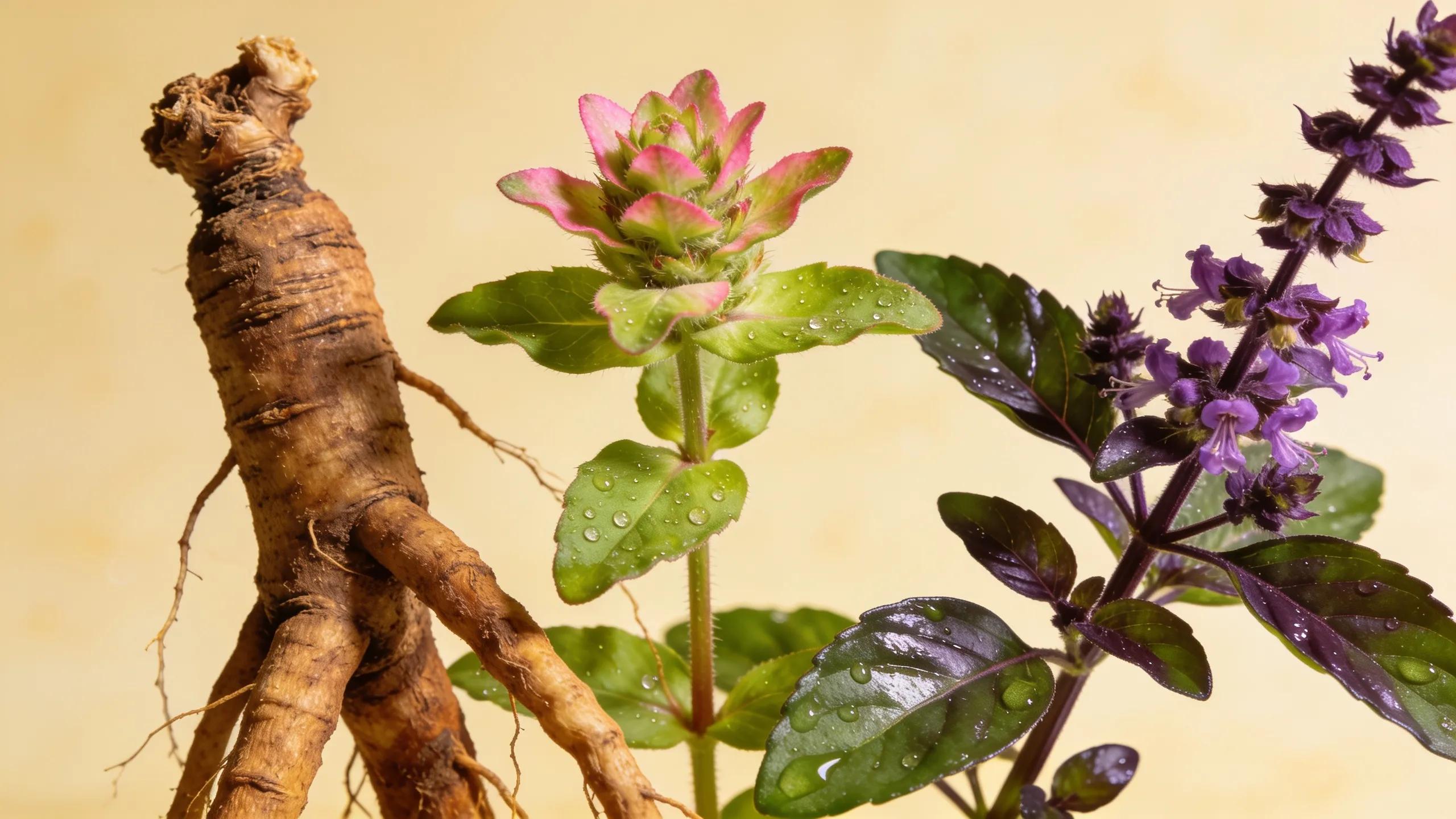 Vibrant adaptogenic herbs including Ashwagandha, Rhodiola Rosea, and Holy Basil arranged artistically on a neutral background