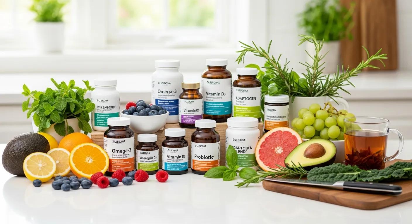 High-quality health supplements on a kitchen table with fresh fruits and herbs, emphasizing wellness and intentional living