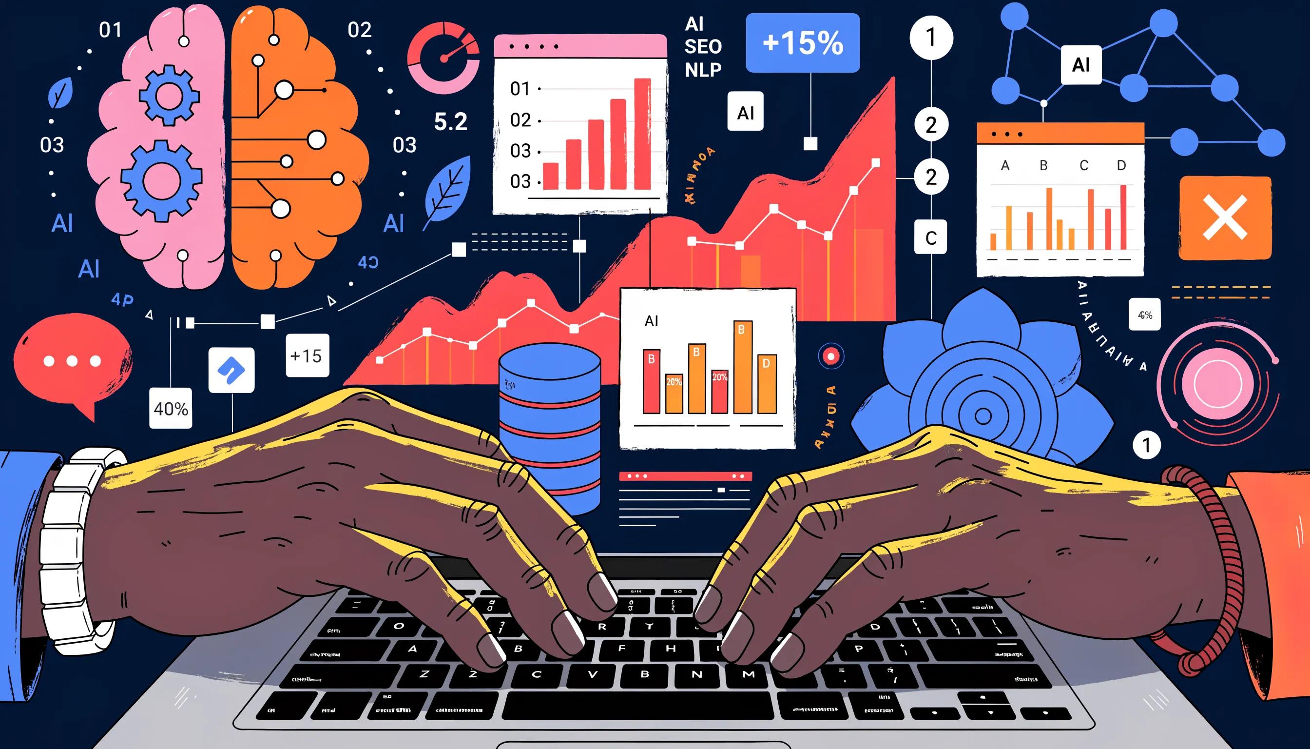 Close-up of hands typing on a laptop, illustrating the integration of AI and SEO strategies in enhancing gambling websites