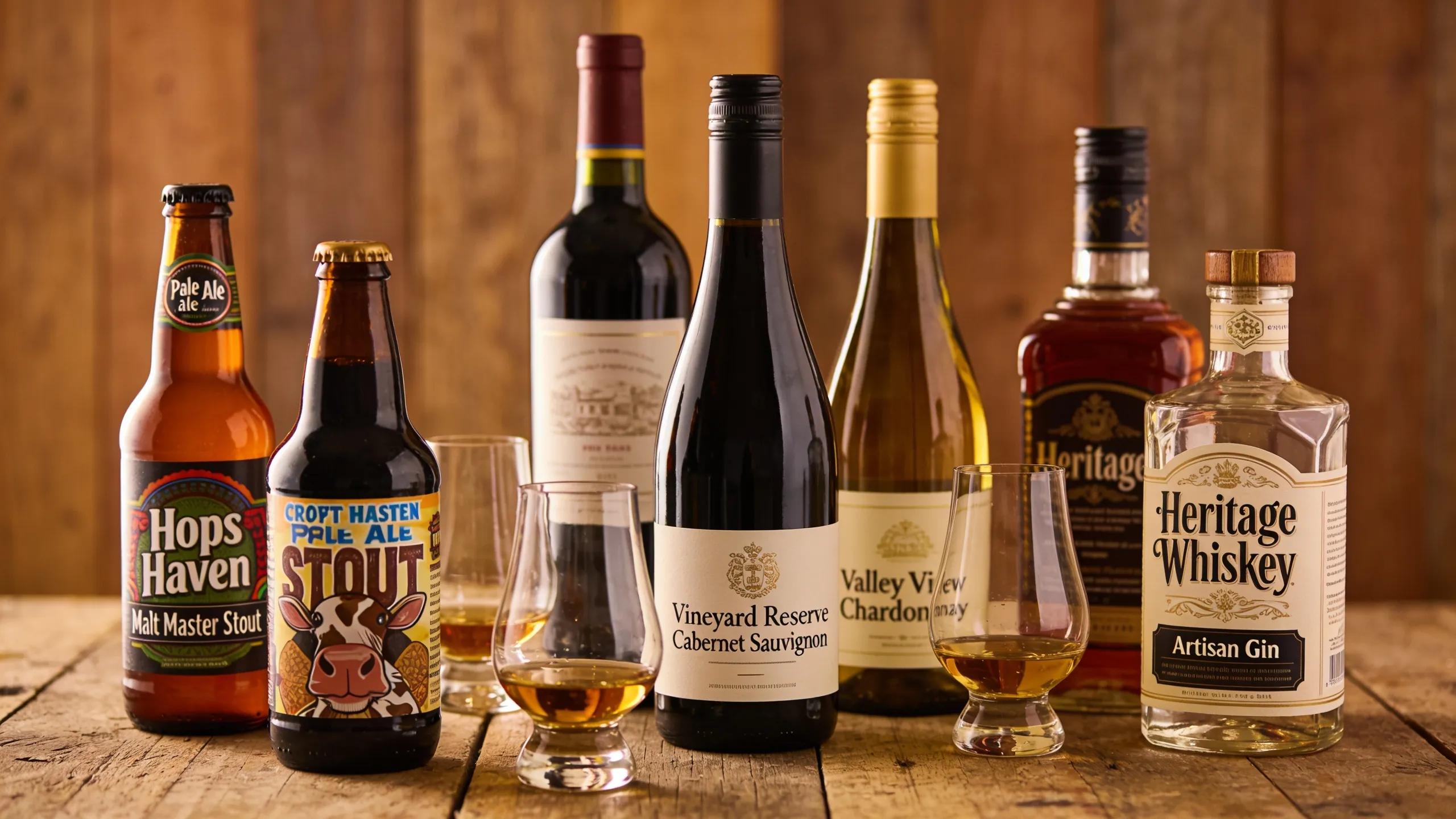 An arrangement of craft beers, wines, and spirits on a wooden table, showcasing diverse alcoholic beverage categories for purchasing decisions