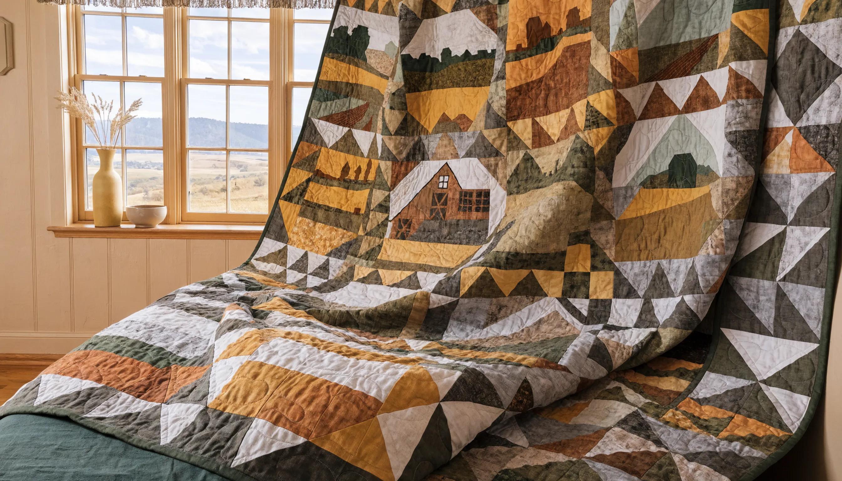 A unique Nebraska-inspired quilt showcasing geometric patterns and earthy colors displayed in a cozy setting