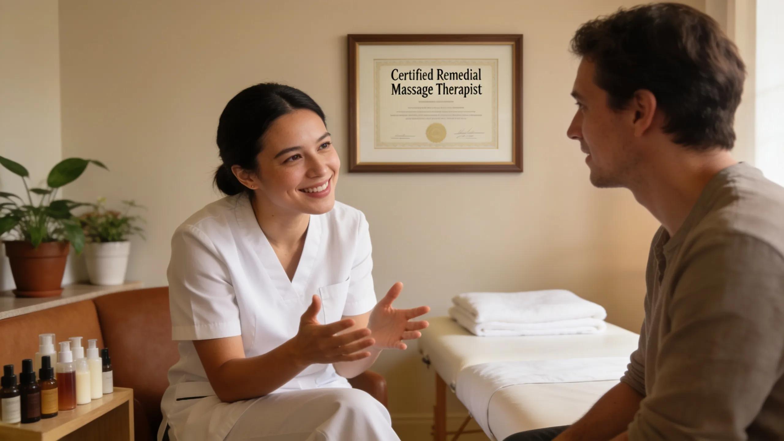 Consultation between a client and a certified remedial massage therapist in a welcoming office