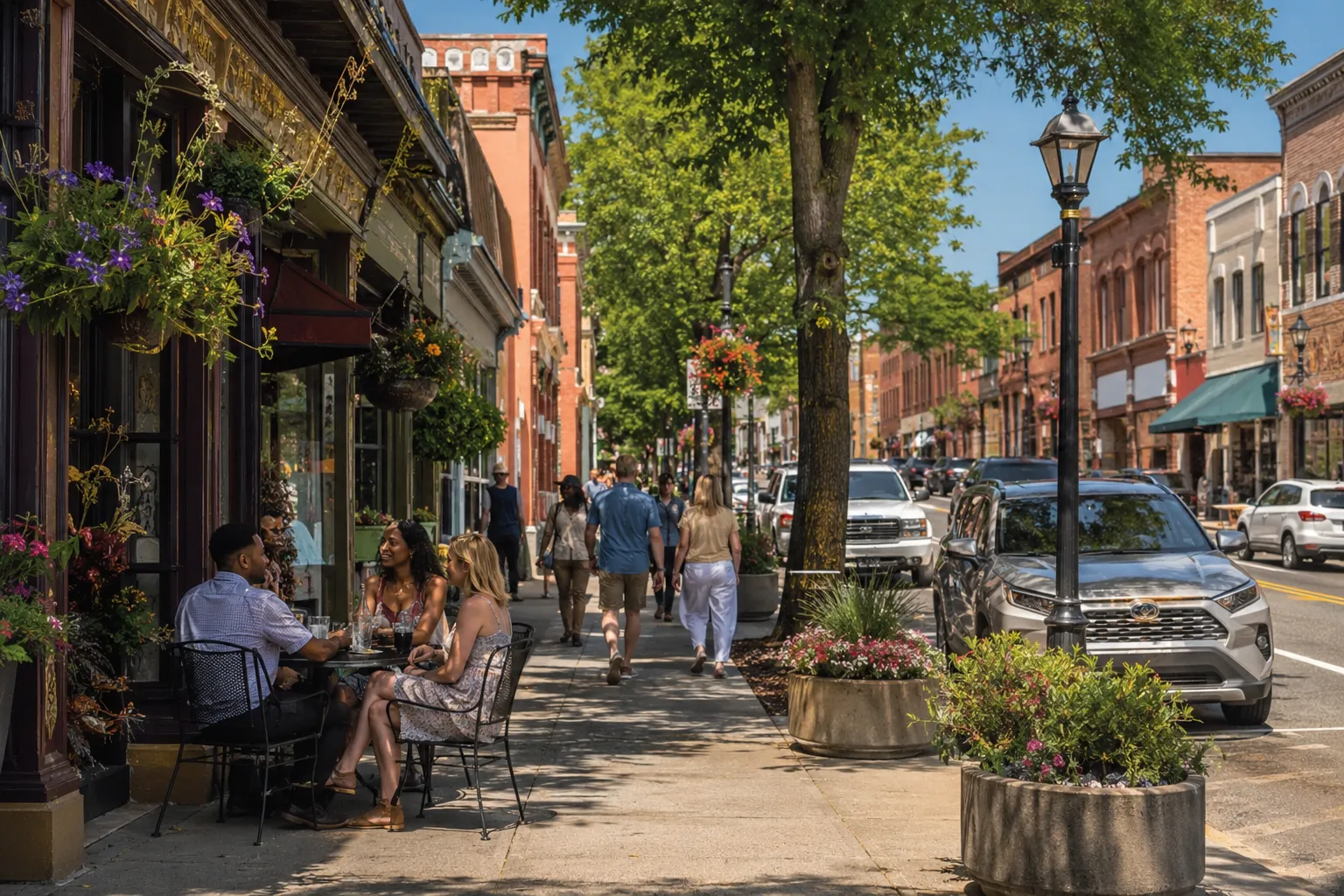 A vibrant shot of downtown Front Royal, VA showing local shops, restaurants, and pedestrians on a sunny afternoon A vibrant shot of downtown Front Royal, VA showing local shops, restaurants, and pedestrians on a sunny afternoon