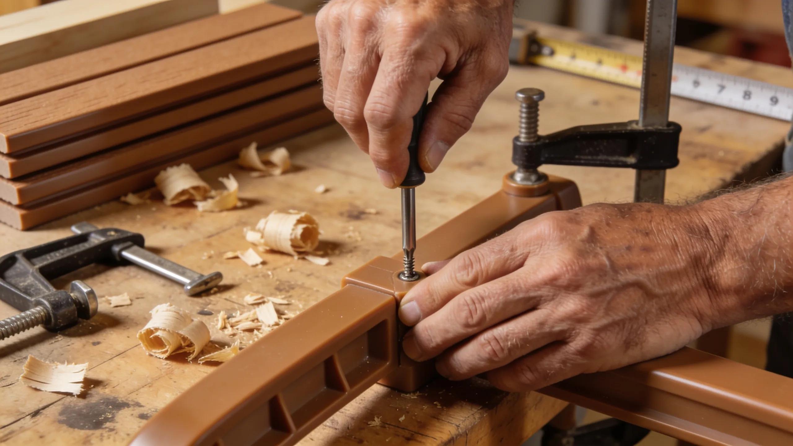 Amish artisan crafting durable poly outdoor furniture, showcasing traditional craftsmanship and quality workmanship Amish artisan crafting durable poly outdoor furniture, showcasing traditional craftsmanship and quality workmanship