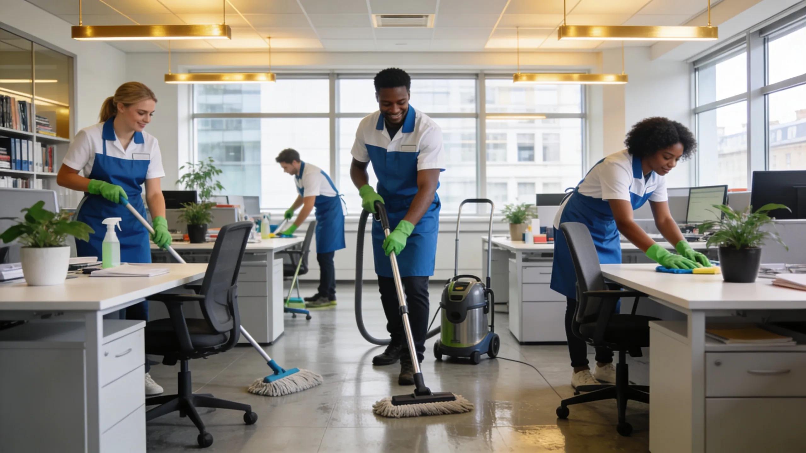 Professional cleaning team in a bright London office, showcasing cleanliness and professionalism Professional cleaning team in a bright London office, showcasing cleanliness and professionalism